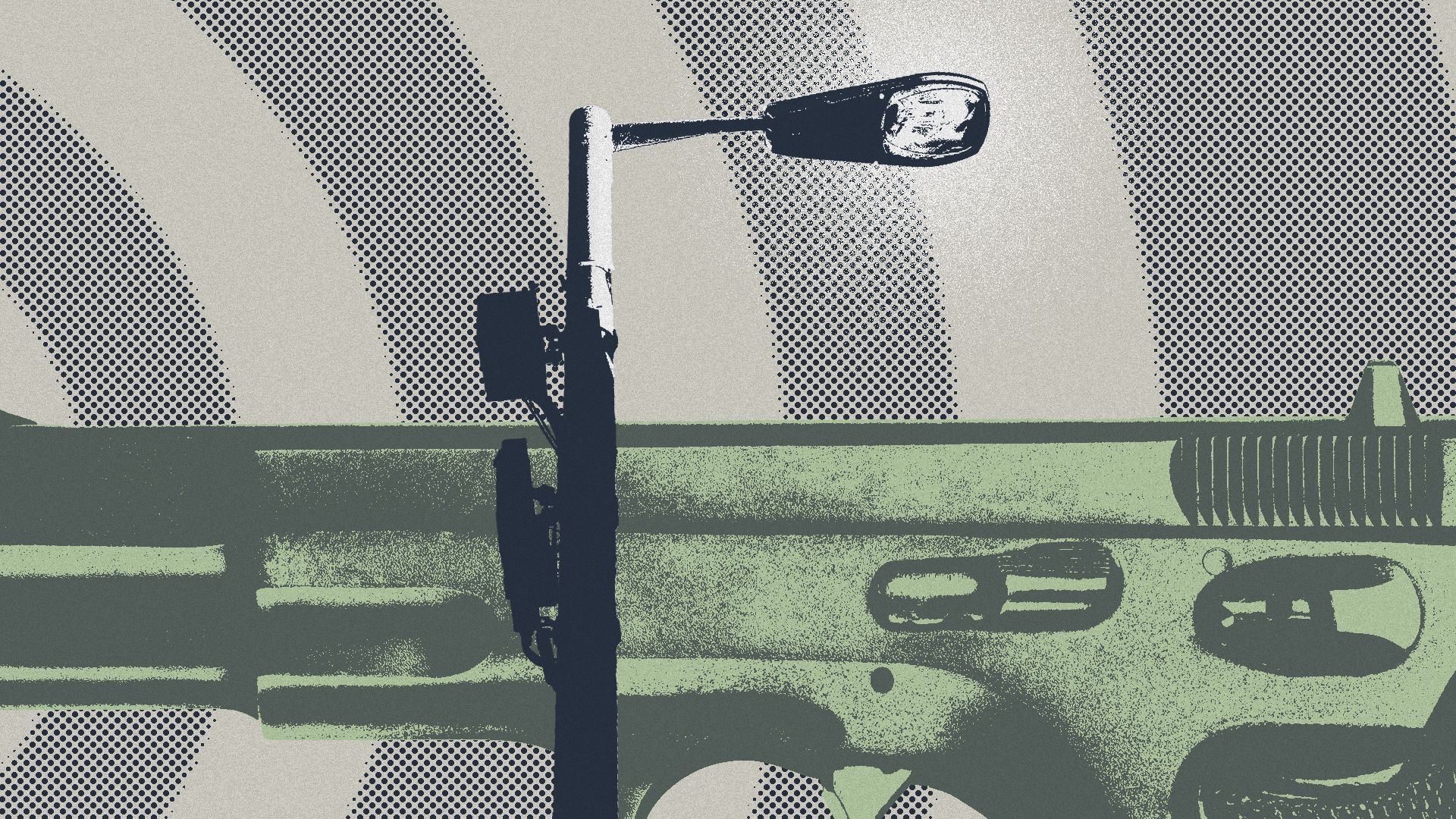 Illustration of a collage featuring a handgun, a street light and circular lines.