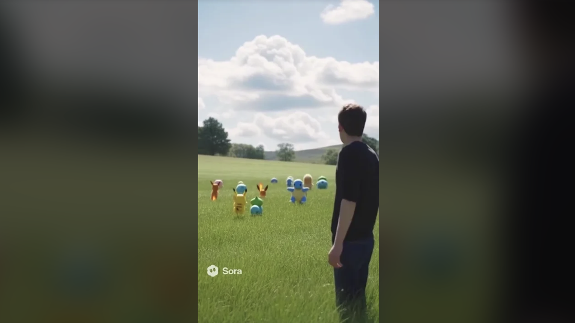 OpenAI CEO Sam Atlman looks on as Pokemon roam through a field.