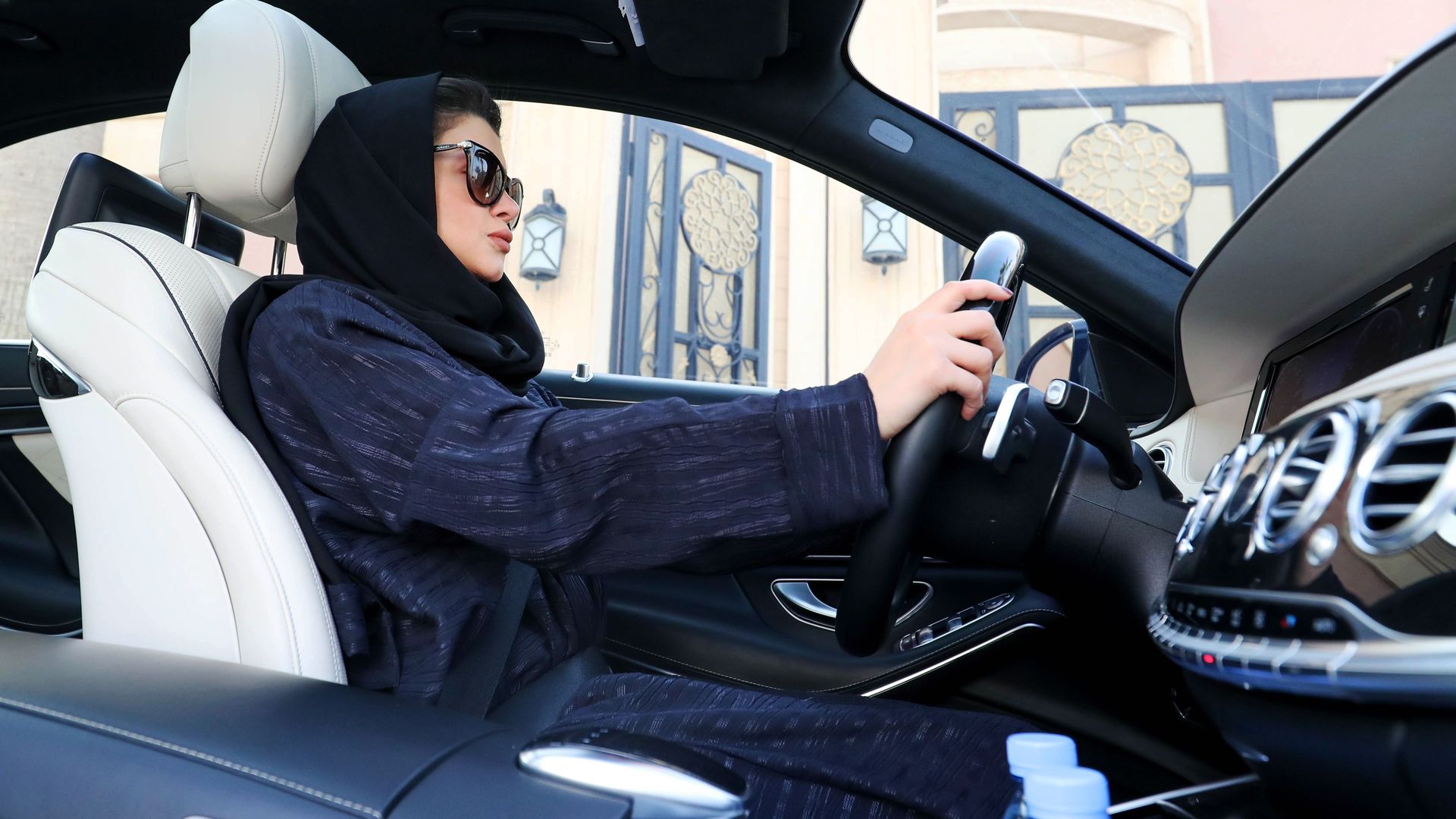 A Saudi woman practices driving.