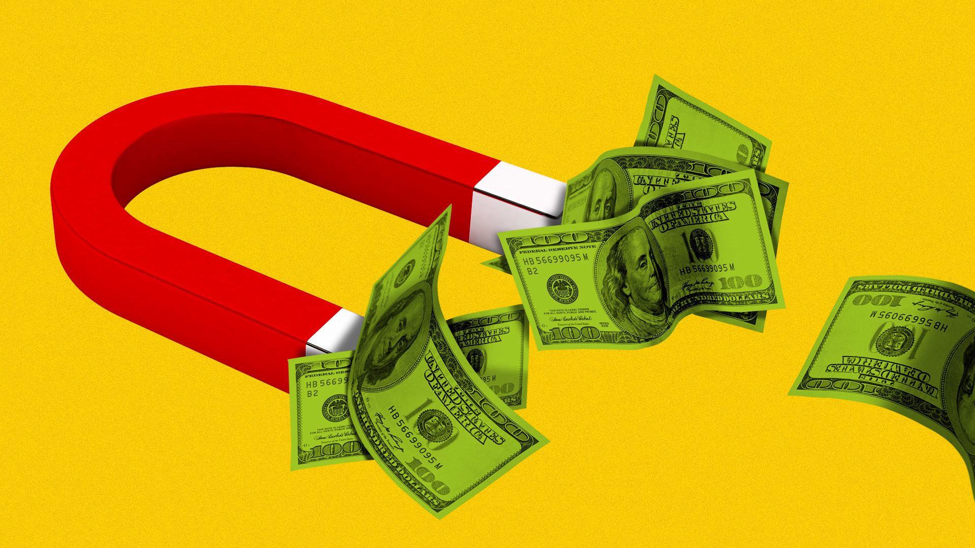 Illustration of a magnet attracting hundred dollar bills