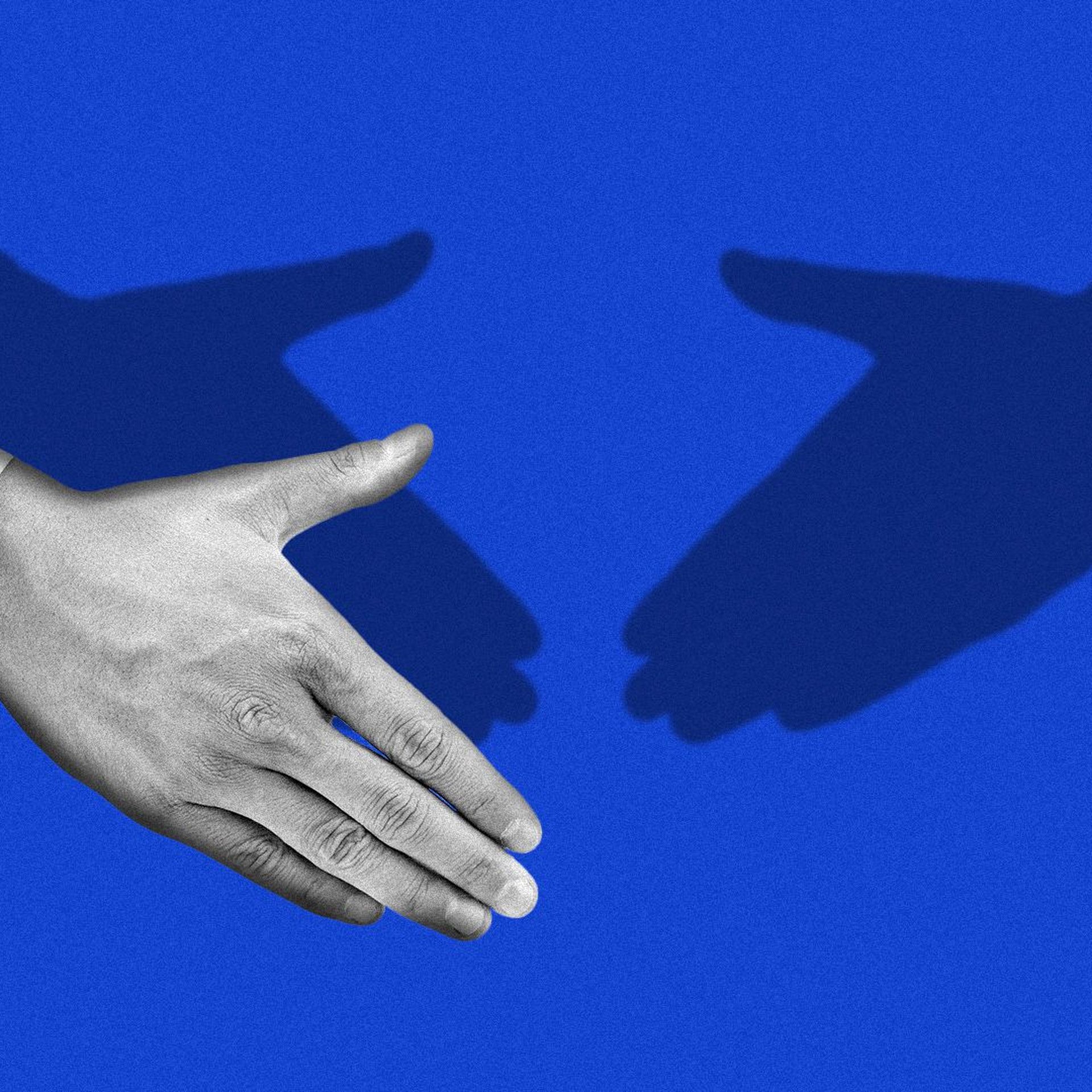 Illustration of a hand reaching out for a handshake except there is no hand to shake just the shadow of a hand.  