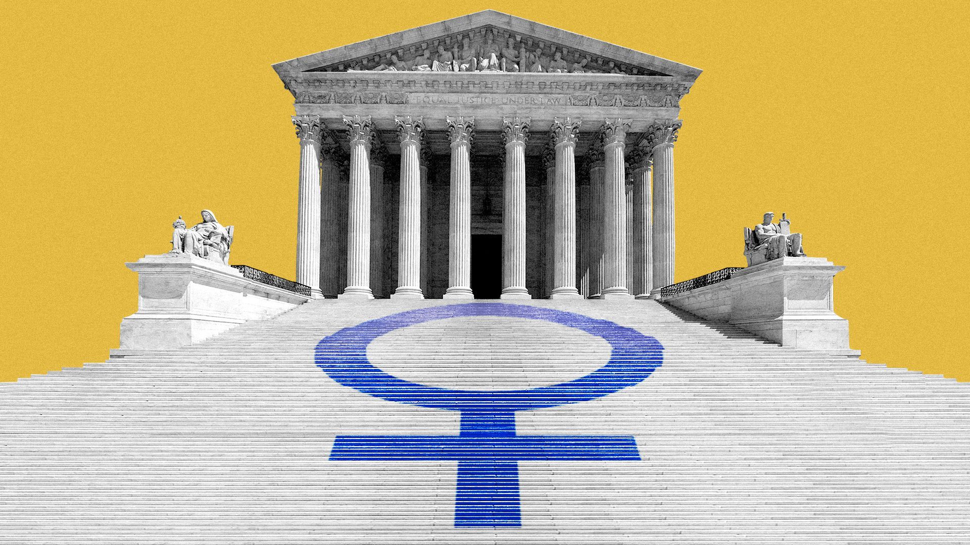 Illustration of female symbol overlaying the steps of the Supreme Court.