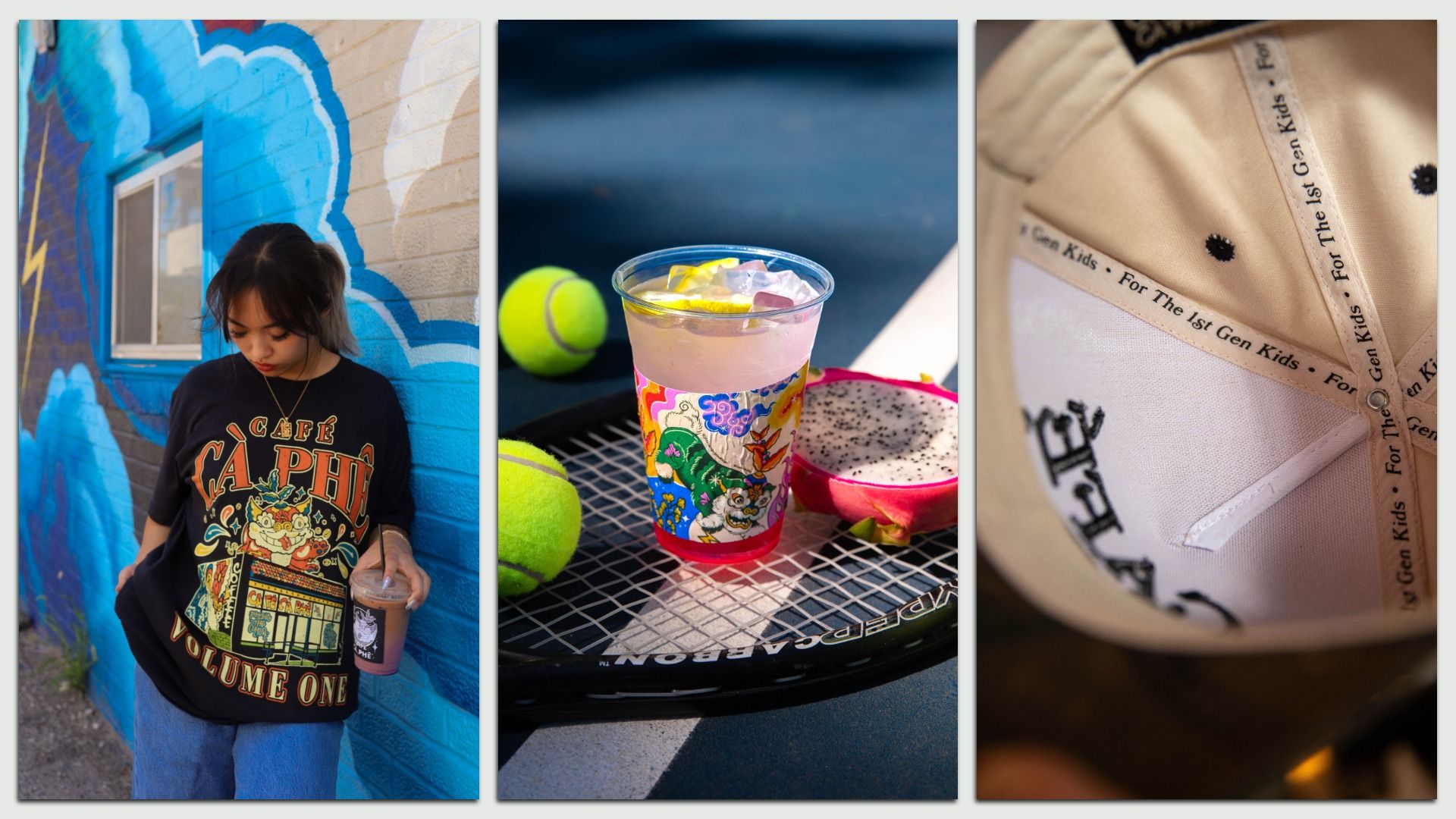 Three photos: One shows a dark-haired woman holding a Cafe Cà Phê cup, wearing a Cafe Cà Phê black and red and yellow shirt while standing next to a blue wall. The other two show a summer Cafe Cà Phê drink next to tennis balls and the inside of a hat reading "For the 1st gen kids."