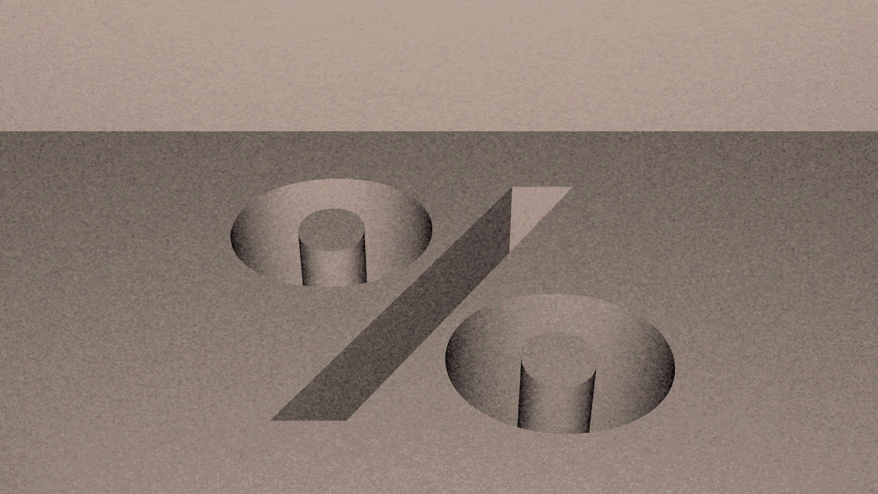 Animated illustration of a percent sign-shaped hole with dollar bills flying out of it.