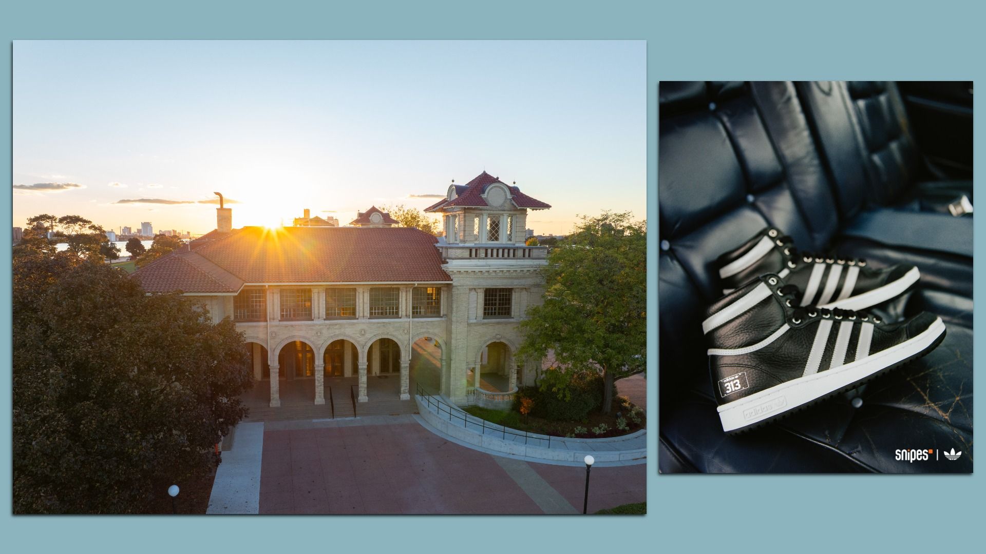 The historic casino building with a red roof and columns; a second photo of black sneakers with white stripes