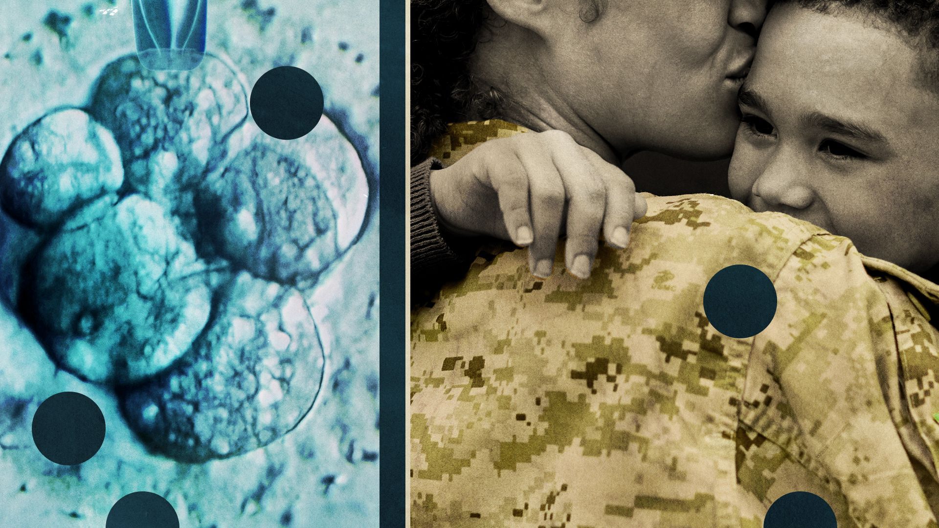 Illustrated collage of a woman in a military uniform hugging a child, with abstract shapes and IVF imagery surrounding them. 
