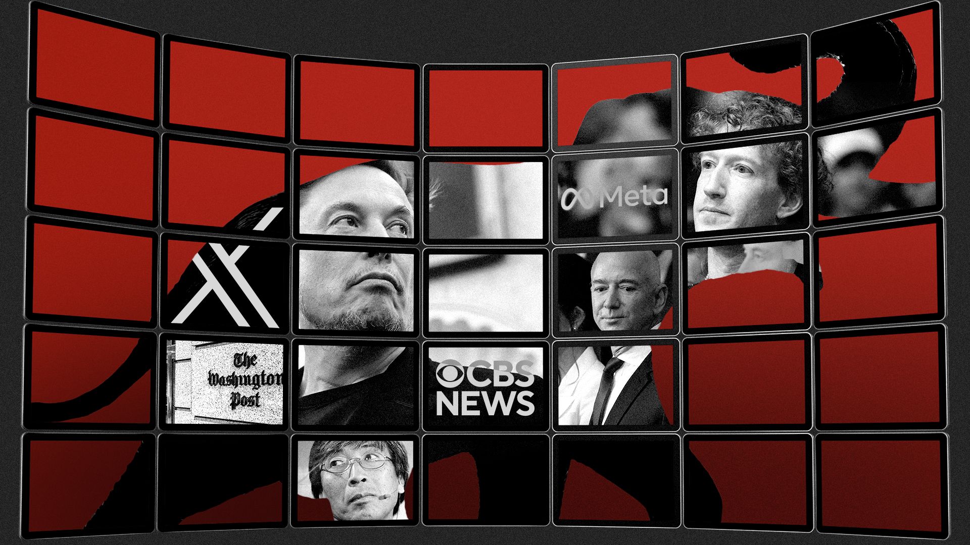 Photo illustration of an elephant’s silhouette on a wall of screens featuring images of Elon Musk, Patrick Soon-Shiong, Mark Zuckerberg, Jeff Bezos, the Meta logo, the CBS News logo, X logo and The Washington Post logo.