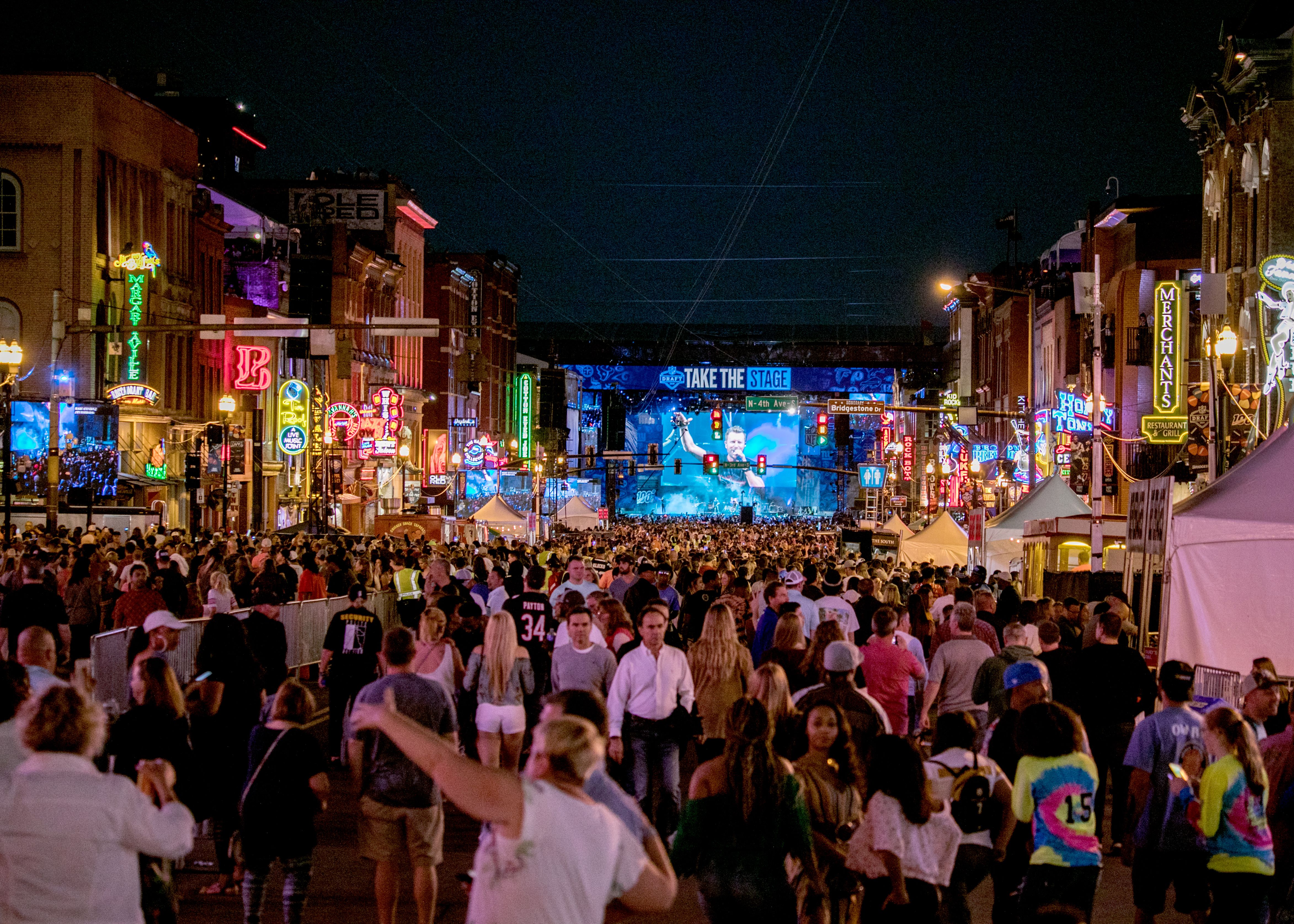 The crowd gathered on lower Broadway in 2019 for the NFL Draft.