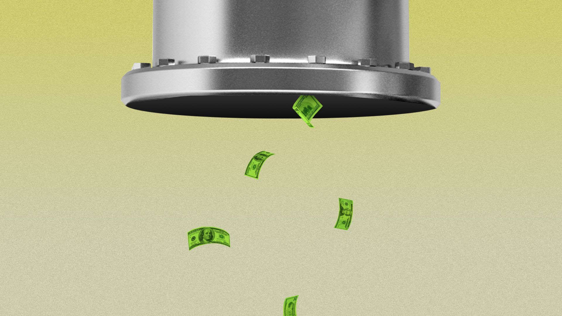 Illustration of a few dollar bills floating out of a giant pipe.