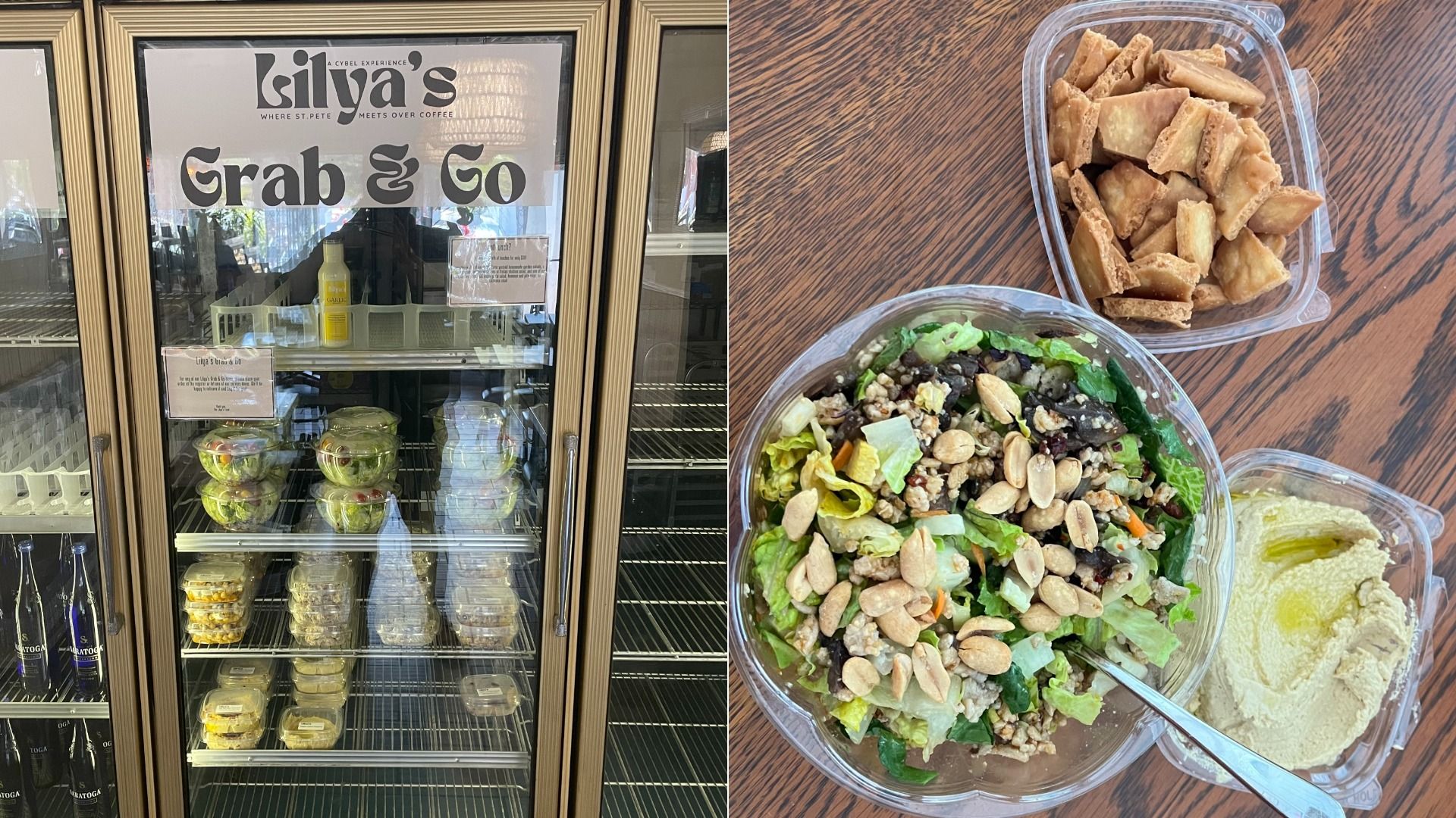 Left: a glass-door fridge with a "Grab & Go" sign and packaged foods. Right: three clear takeout bowls on a wood table—pita chips, a salad with nuts, and hummus.