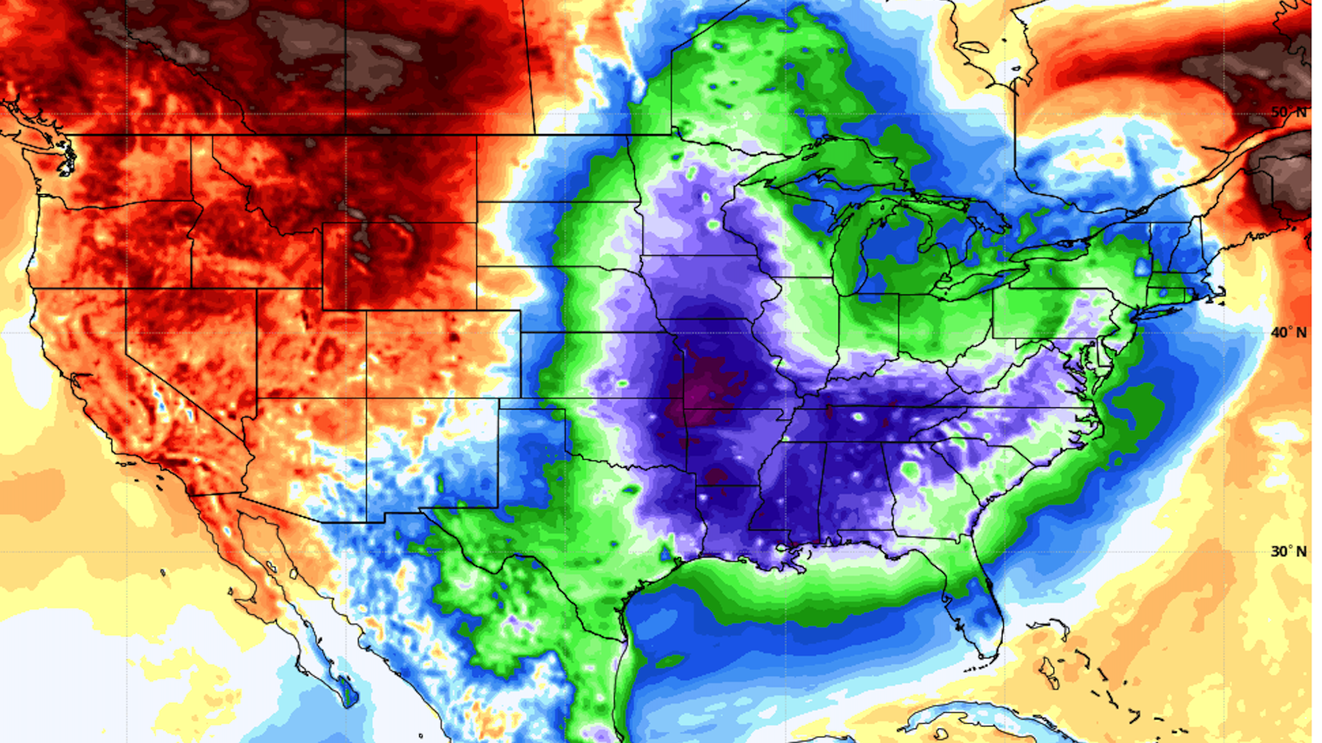 Map showing temperature departures from average on Wednesday morning.