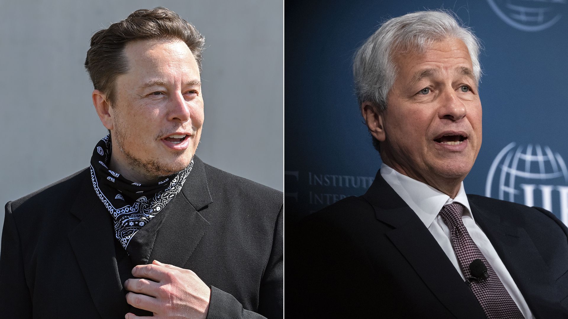 Split screen of Elon Musk and Jamie Dimon