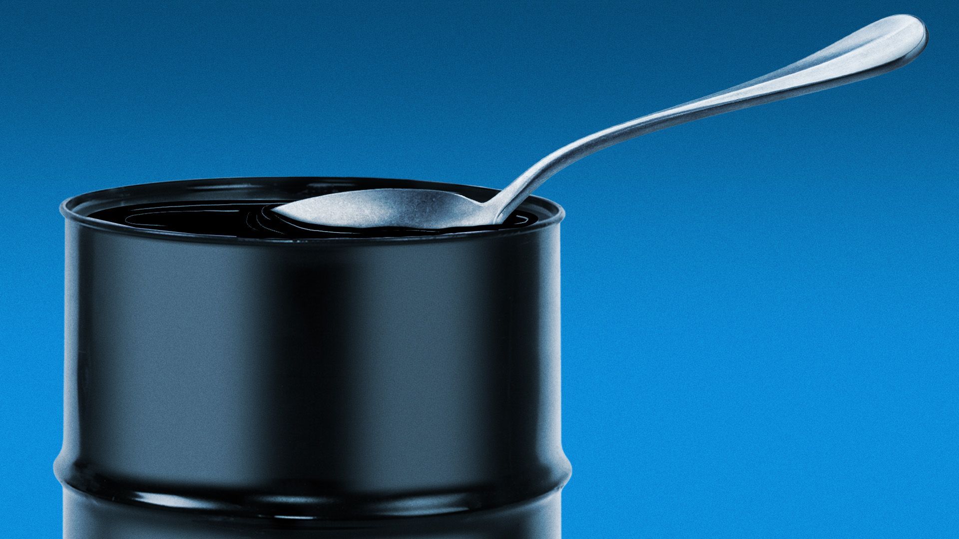 Illustration of a spoon in an oil barrel.