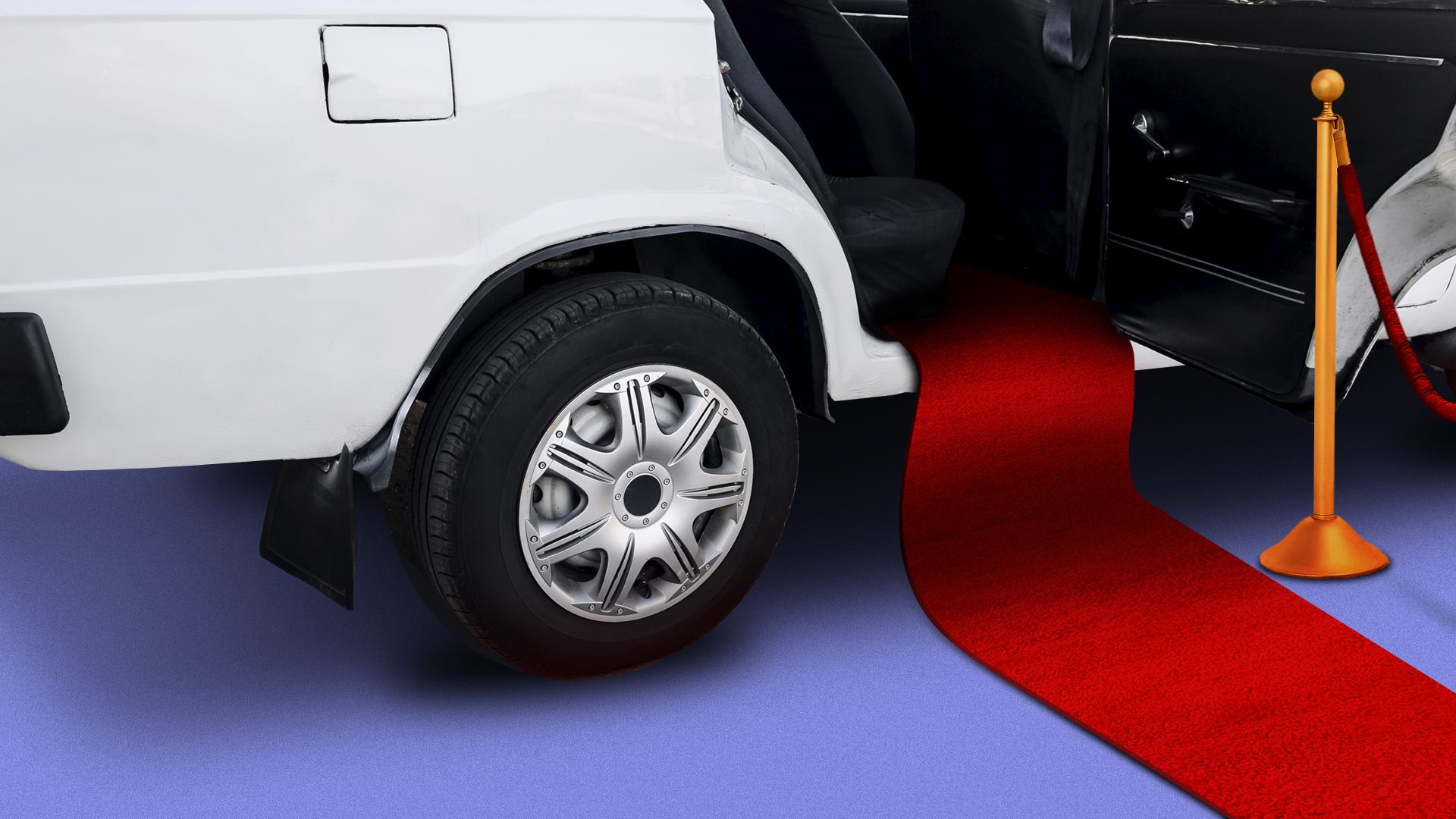 Illustration of a red carpet and velvet rope leading to the back seat of a car