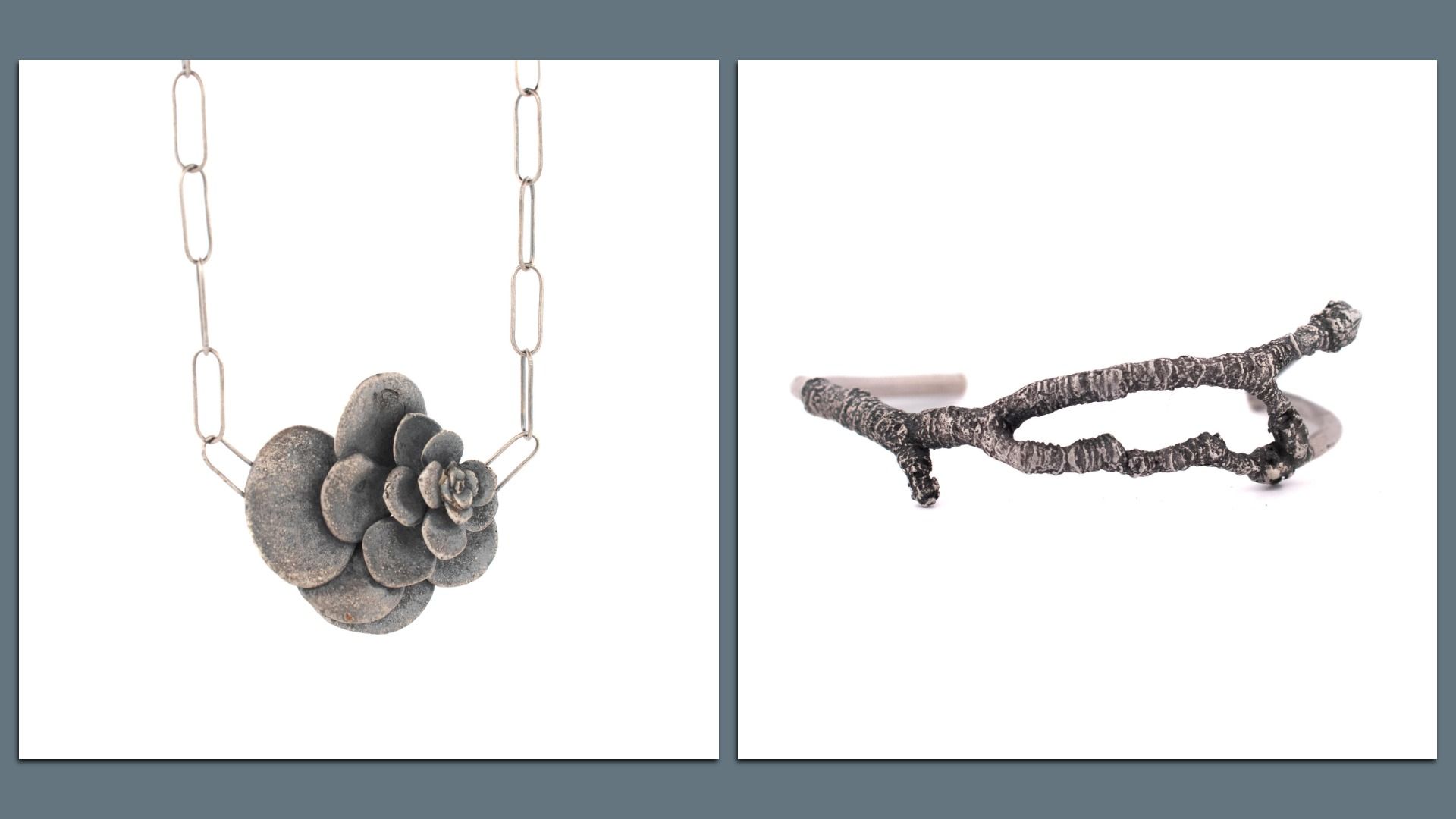 Two pieces of jewelry - a succulent and a twig as a bracelet 