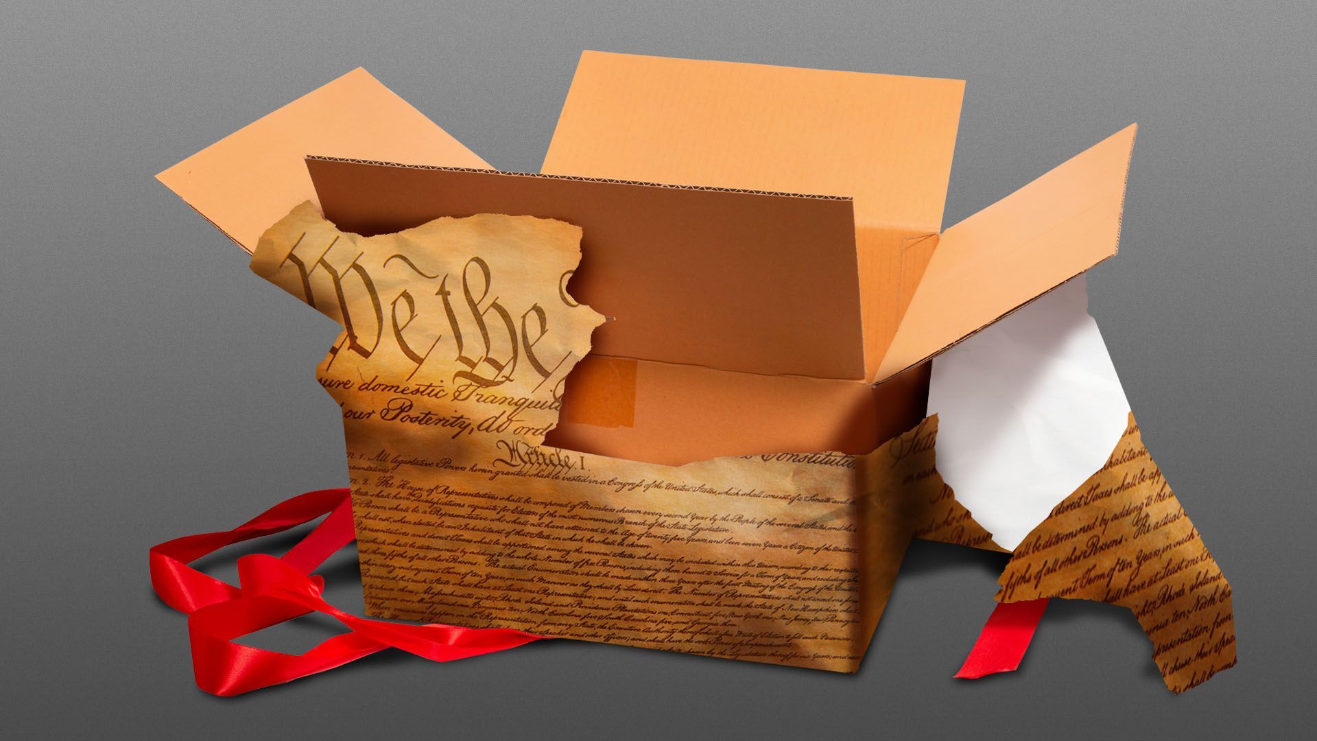 Illustration of an open gift with the constitution as ripped up wrapping paper