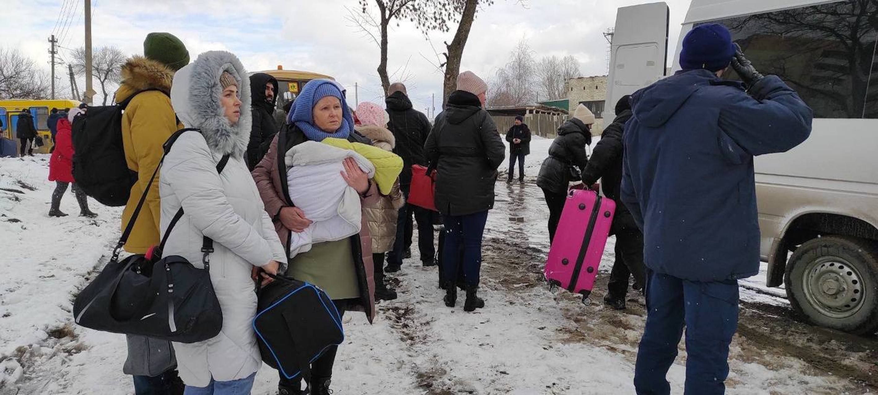  Civilians flee the city after temporary ceasefire announced on March 8, 2022 in Sumy, Ukraine.