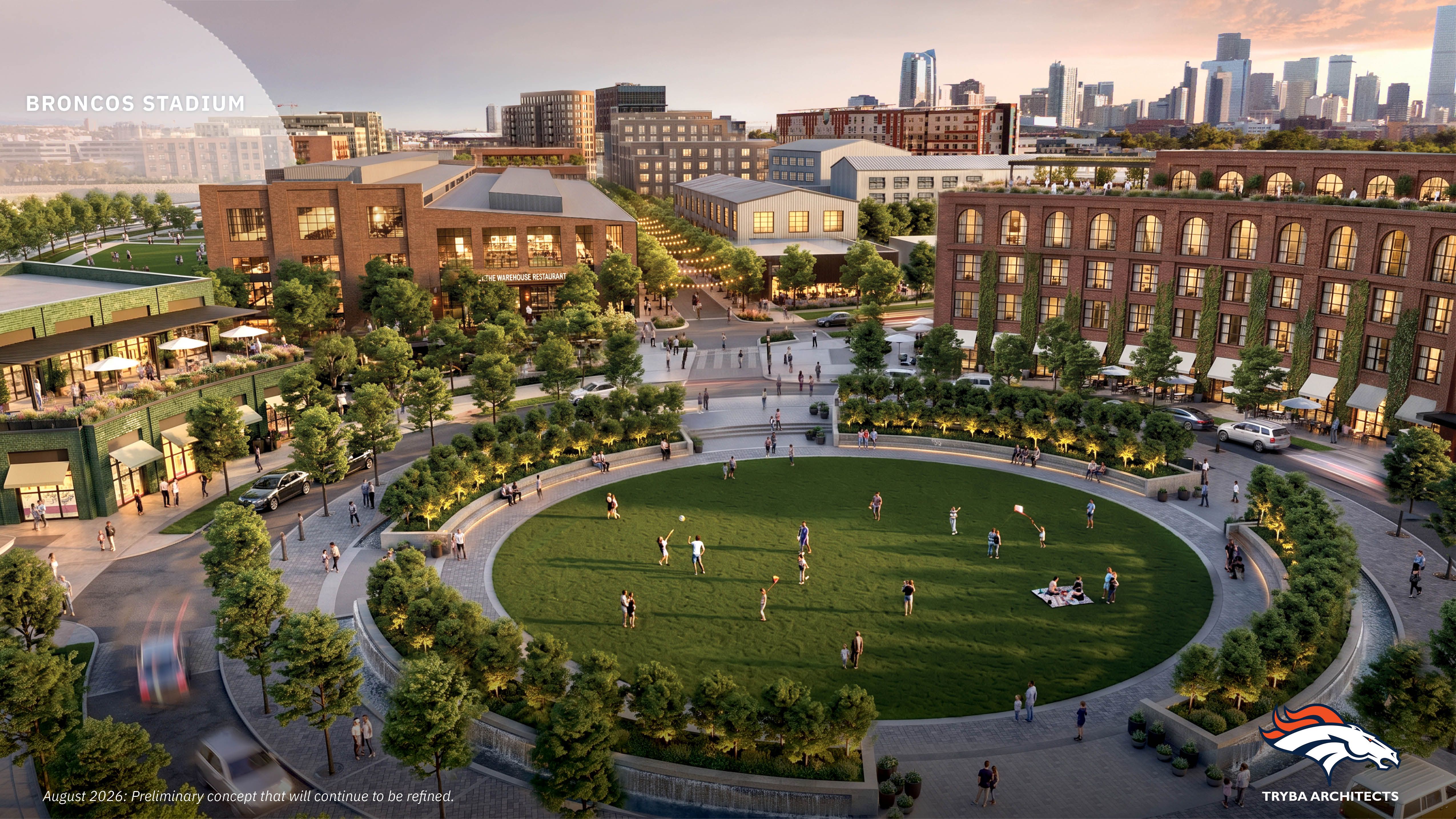 A rendering of a mixed-use district around Broncos Stadium: a circular green park, brick buildings, trees, pedestrian plazas with string lights, shops and a distant city skyline.