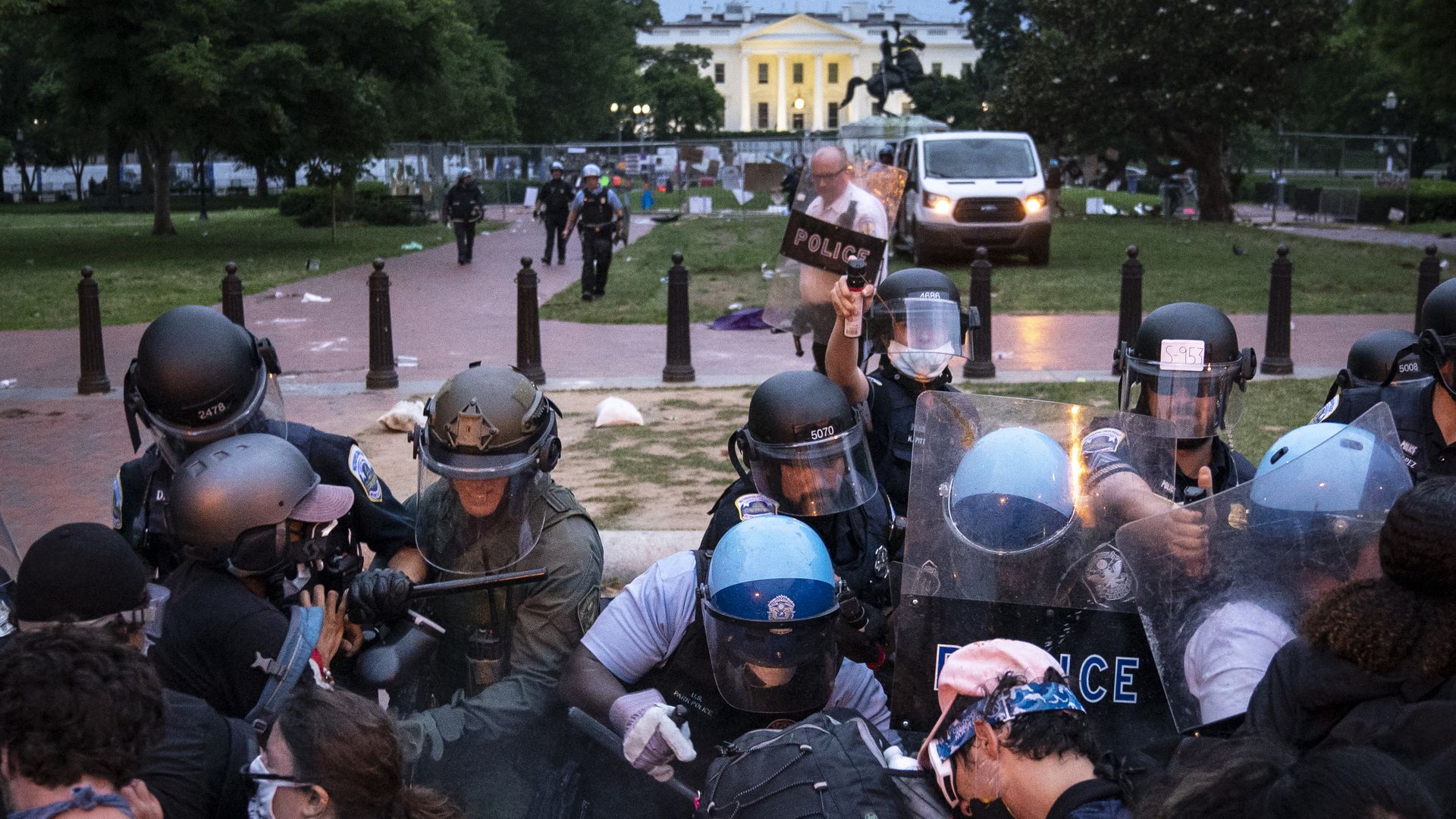 Protesters clash with U.S. Park Police after attempting to pull down the statue of Andrew Jackson in Lafayette Square near the White House on June 22