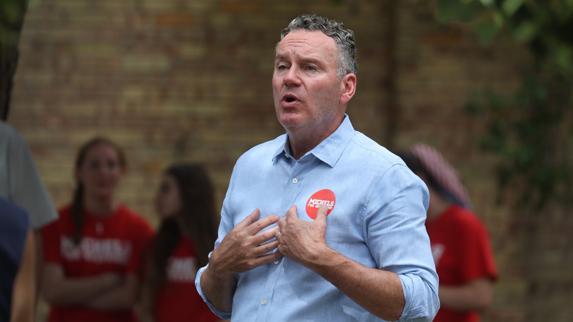 Wisconsin Republican gubernatorial candidate Tim Michels speaks to residents during a campaign stop on August 06, 2022 in Chilton, Wisconsin
