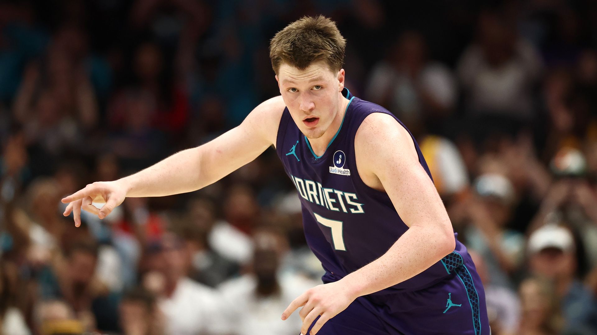CHARLOTTE, NORTH CAROLINA - APRIL 03: Kon Knueppel #7 of the Charlotte Hornets reacts following a three point basket during the second half of the game against the Indiana Pacers at Spectrum Center on April 03, 2026 in Charlotte, North Carolina. NOTE TO USER: User expressly acknowledges and agrees t