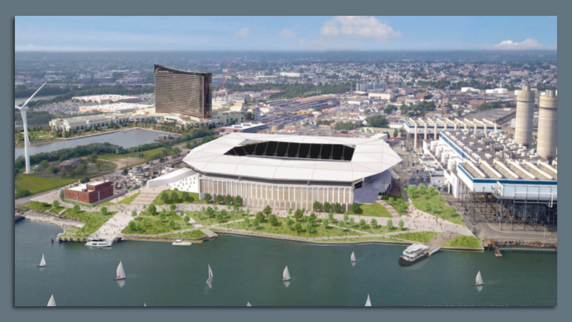 REndering of a soccer stadium on a river