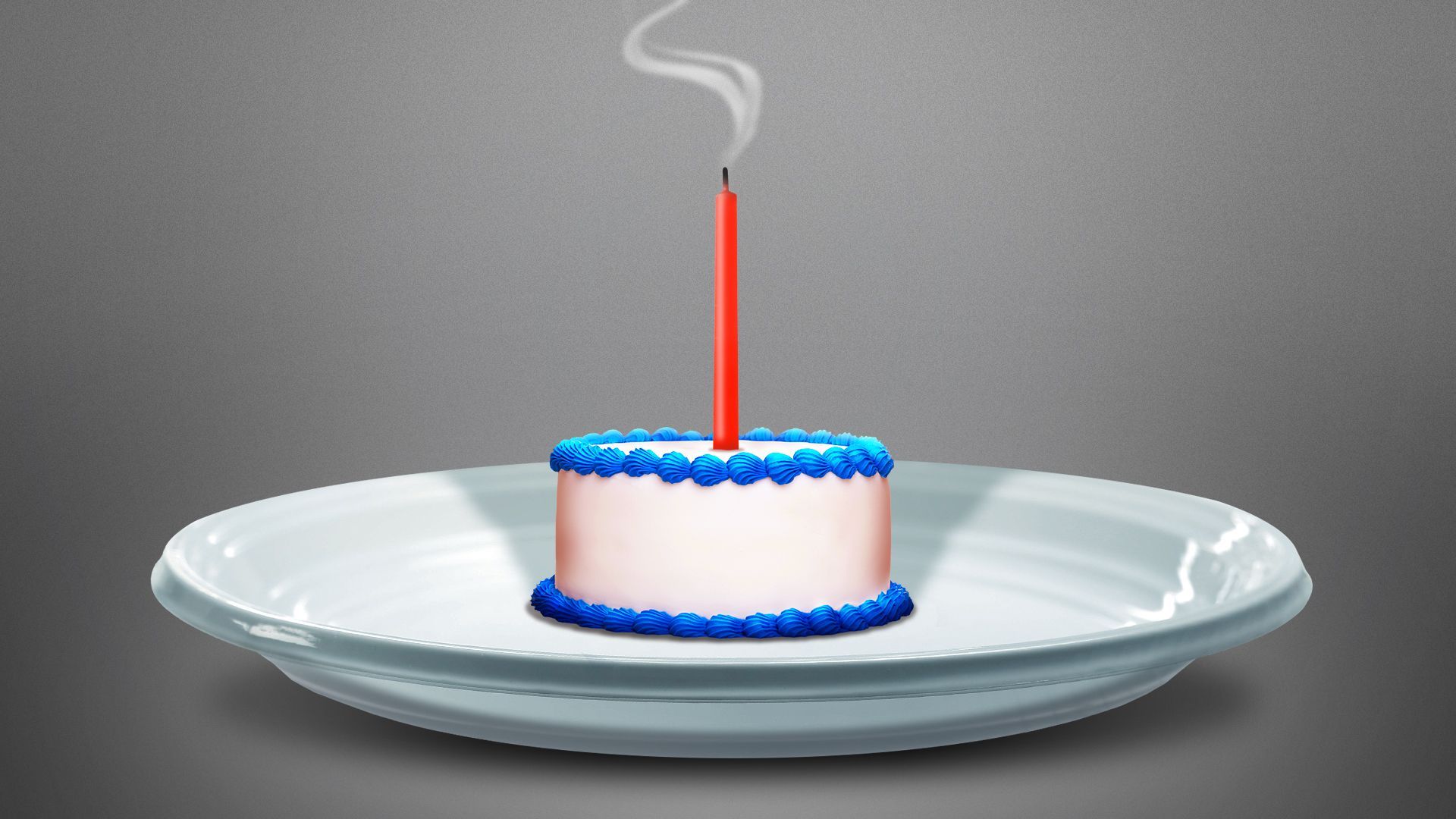 Illustration of a tiny birthday cake on a plate with a blown out candle
