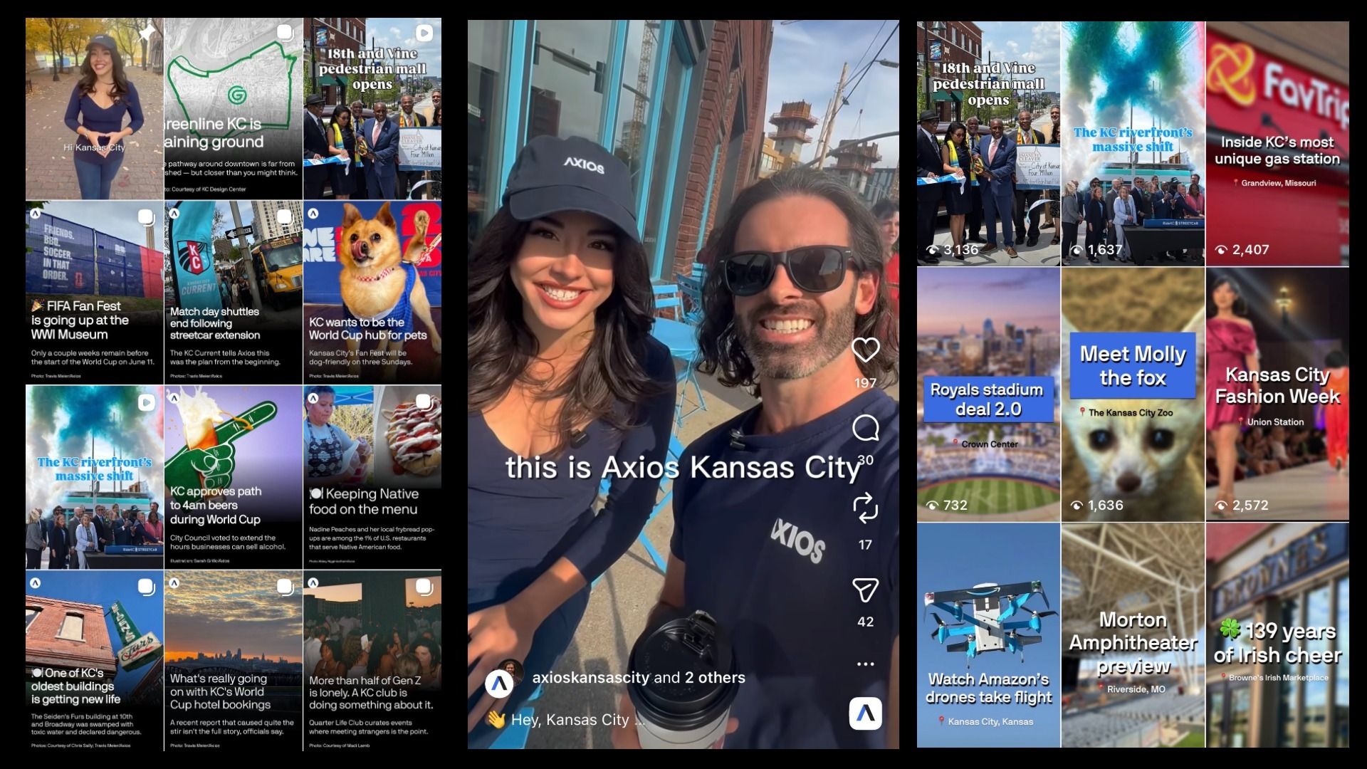 Collage of social-media tiles about Kansas City, centered on a selfie of a smiling man in sunglasses with a woman wearing a cap. Caption reads "This is Axios Kansas City."