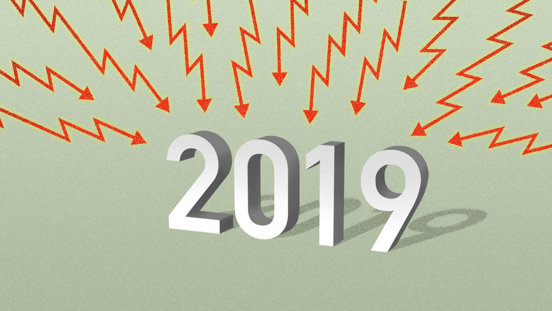 A representation of the year 2019 being bombarded by negative stock trends