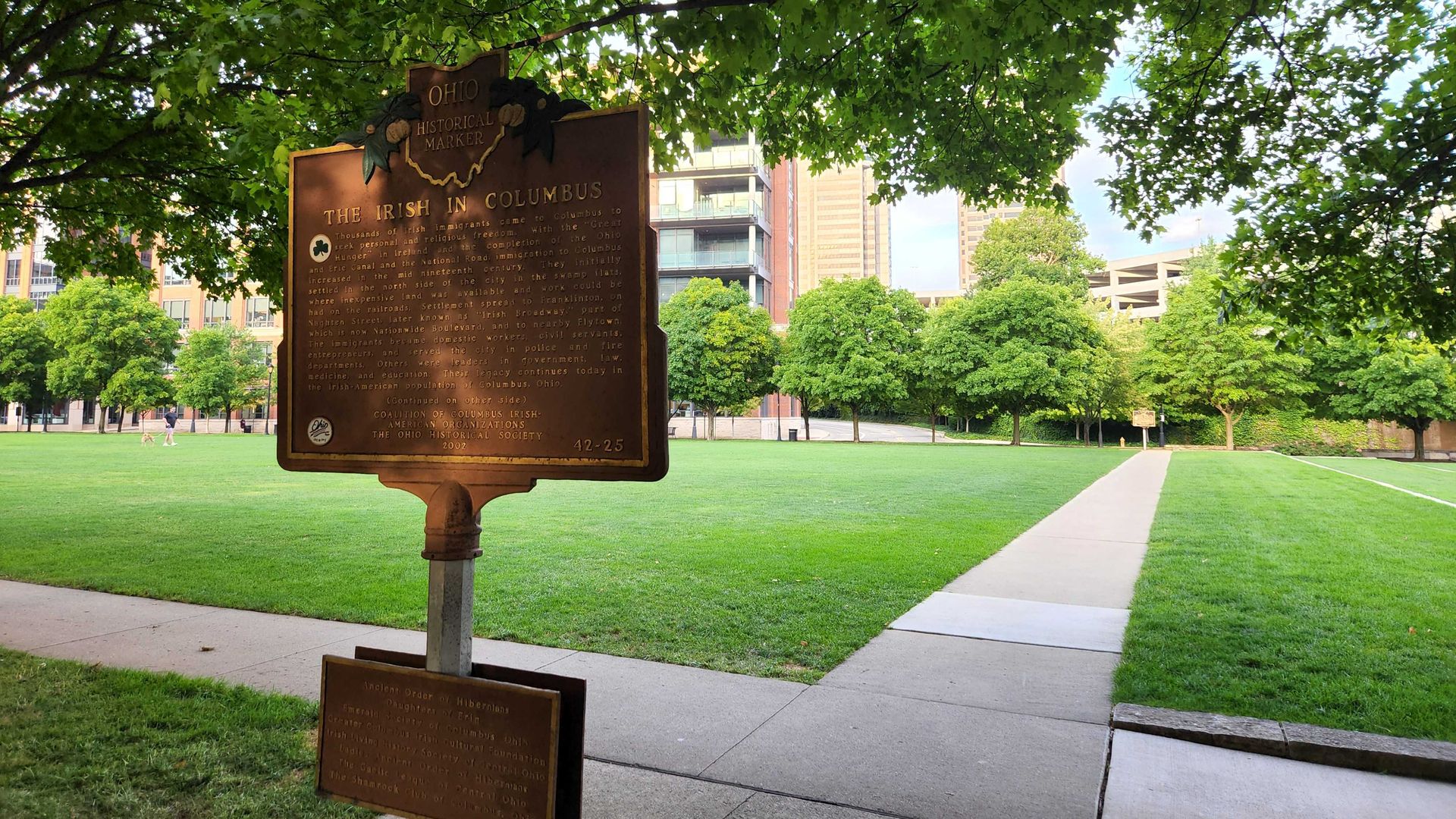 A historical marker for "The Irish in Columbus."