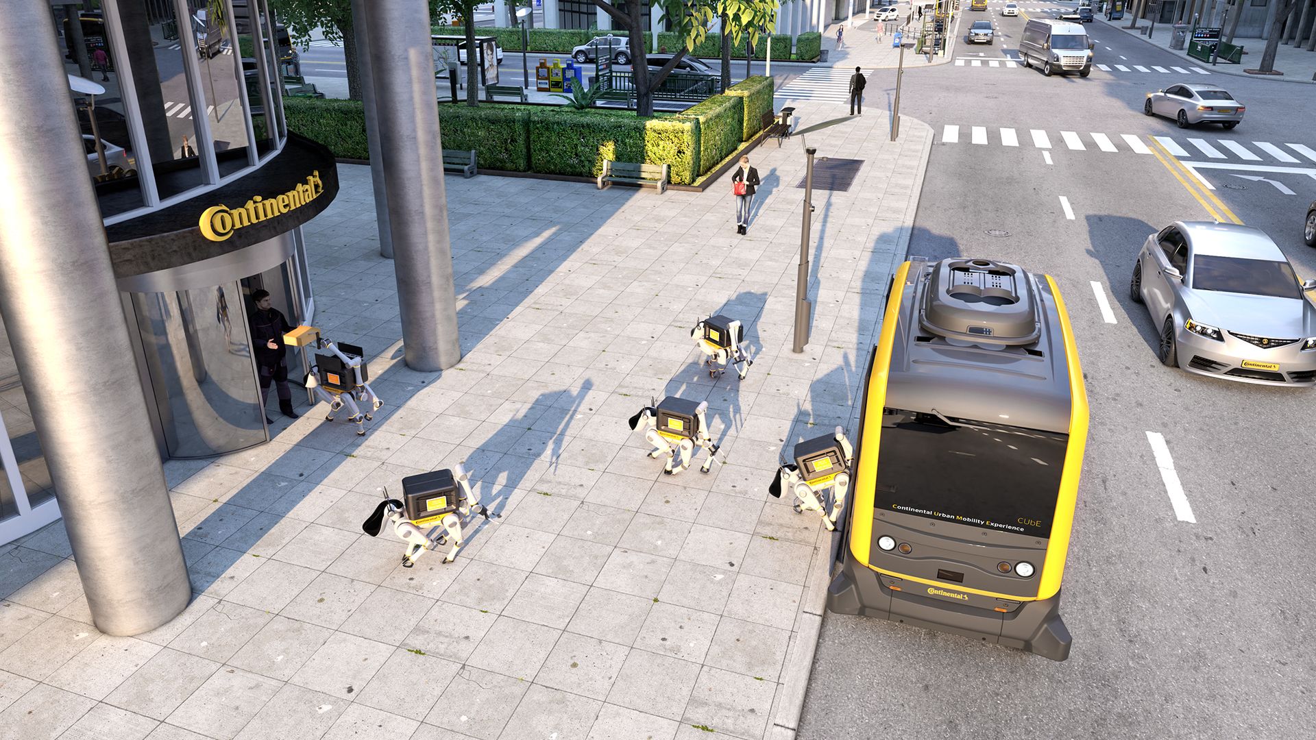 Image of autonomous vehicle offloading robots to deliver packages in urban area.