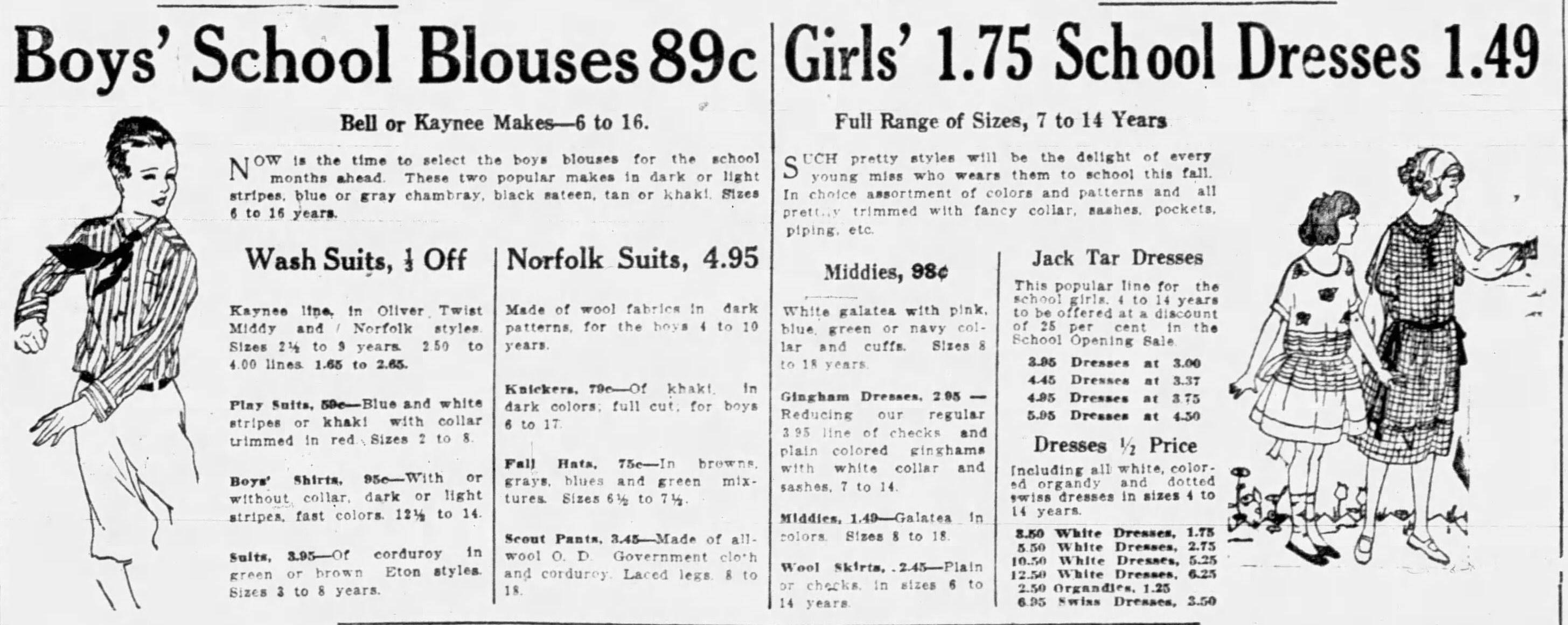 A back-to-school ad for children's clothing advertises suits and dresses in 1922.