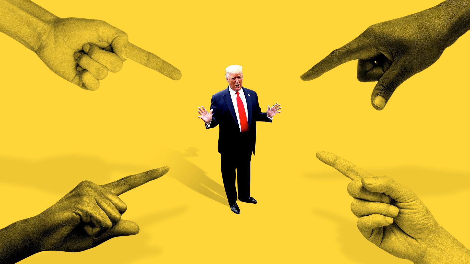Illustration of President Trump with his hands raised surrounded by hands pointing fingers at him.