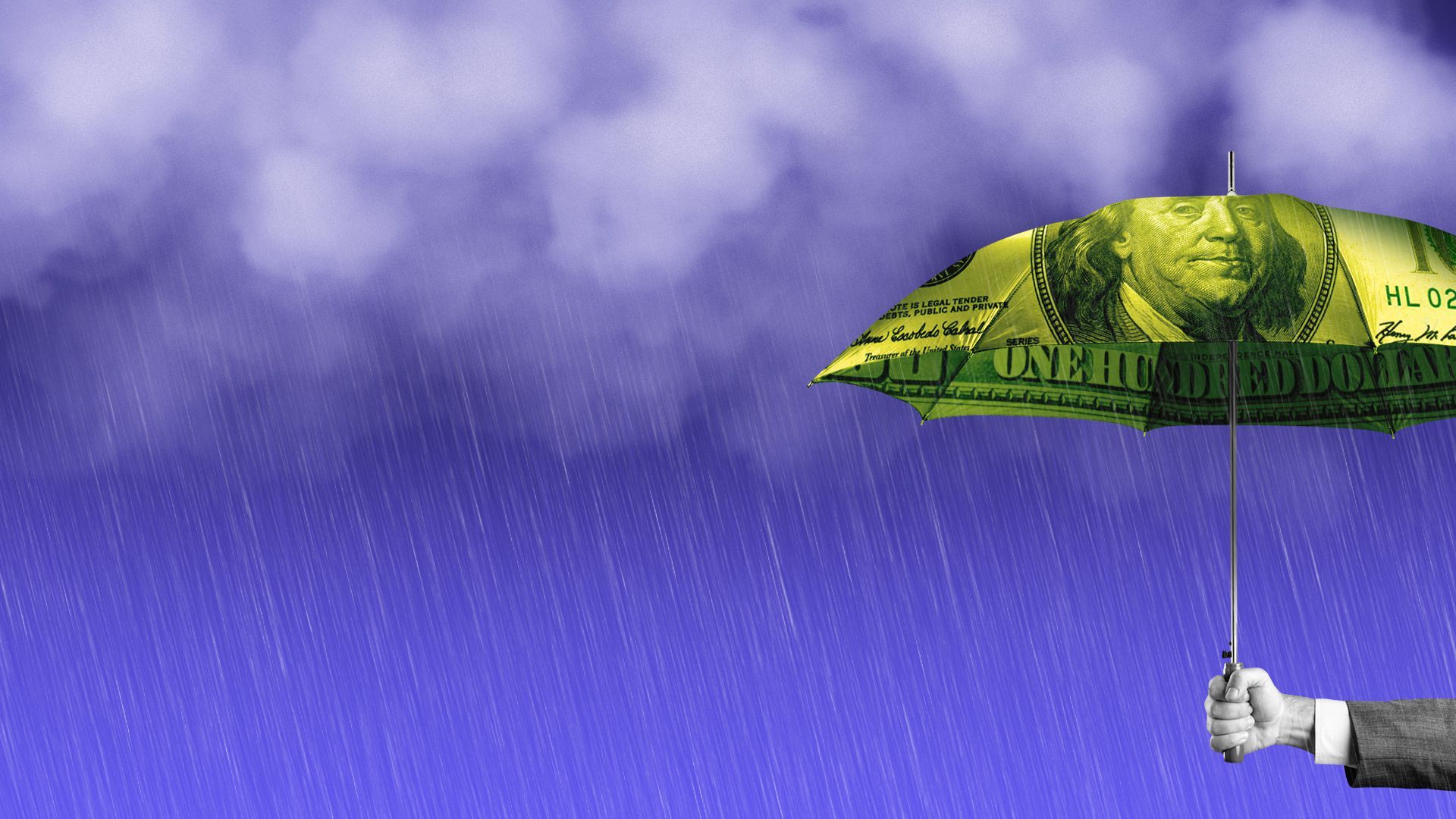 Illustration of a hand holding an umbrella with a hundred dollar bill on it under a rain cloud
