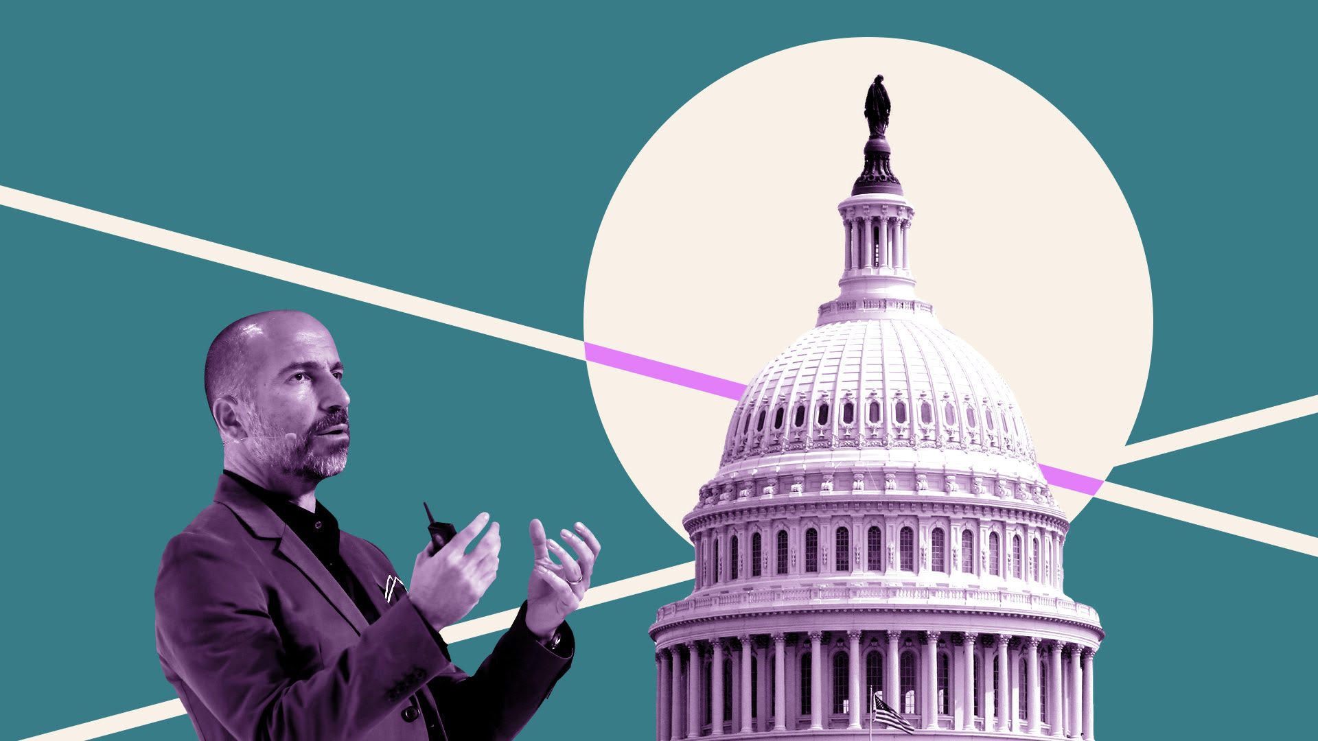 Photo illustration of Uber CEO Dara Khosrowshahi and the Capitol building.