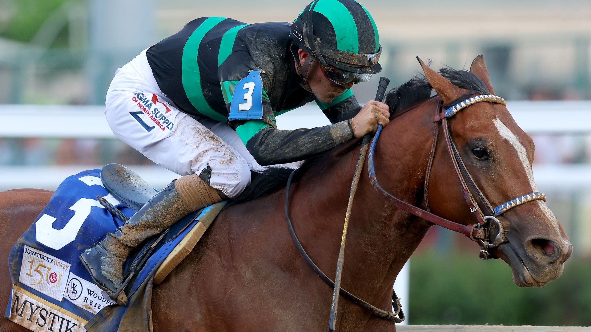 Jockey Brian J. Hernandez Jr. and Mystik Dan, winners of the 150th running of the Kentucky Derby at Churchill Downs 