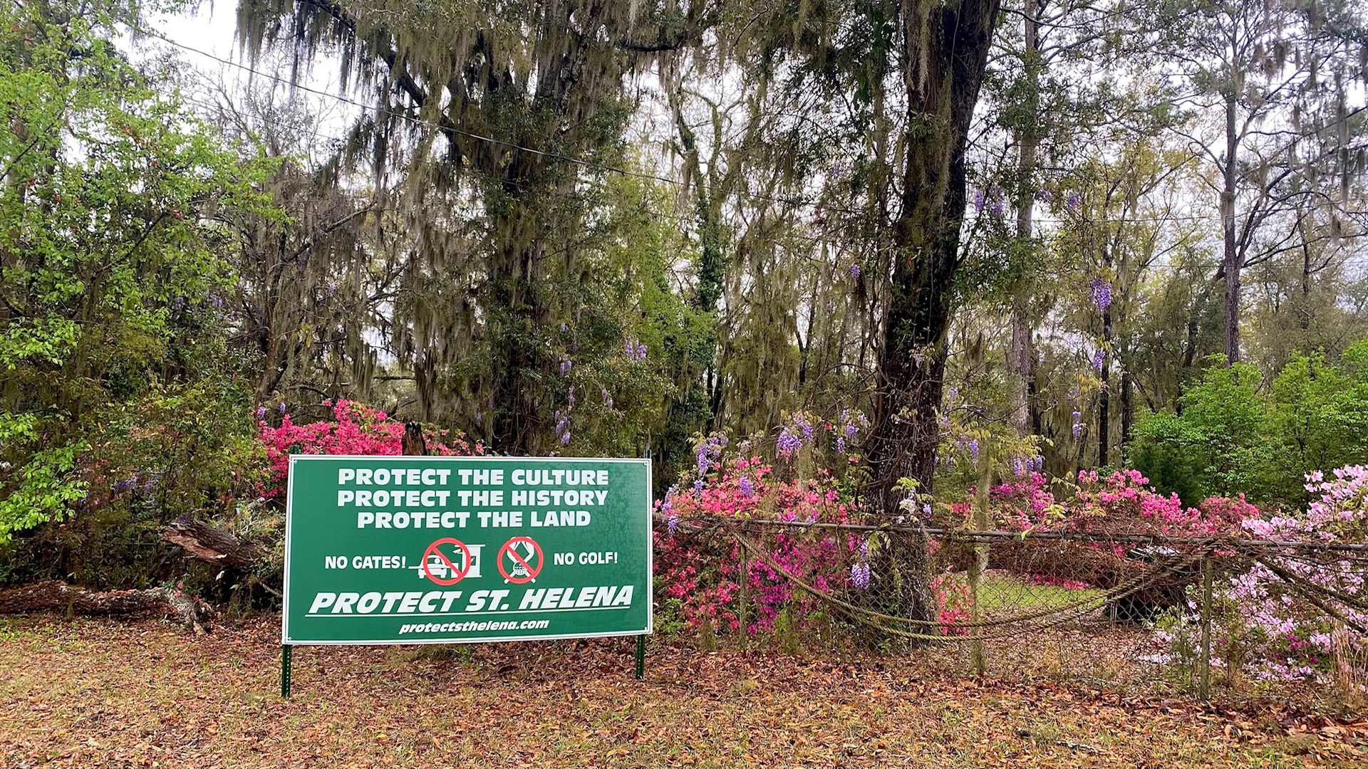 A sign protesting a proposal to build a golf course and gated community on St. Helena Island in Beaufort, South Carolina.