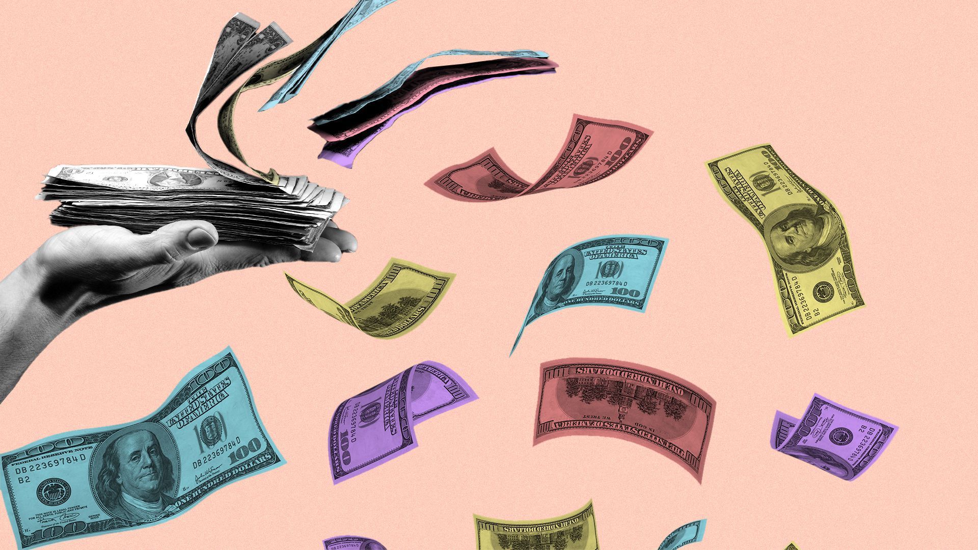 Illustration of rainbow-colored money flying from handheld stack 