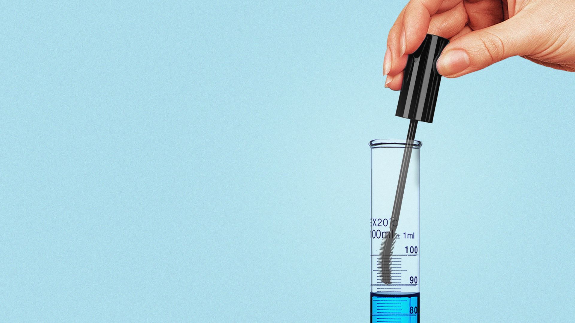 Illustration of a mascara wand being pulled from a graduated cylinder.