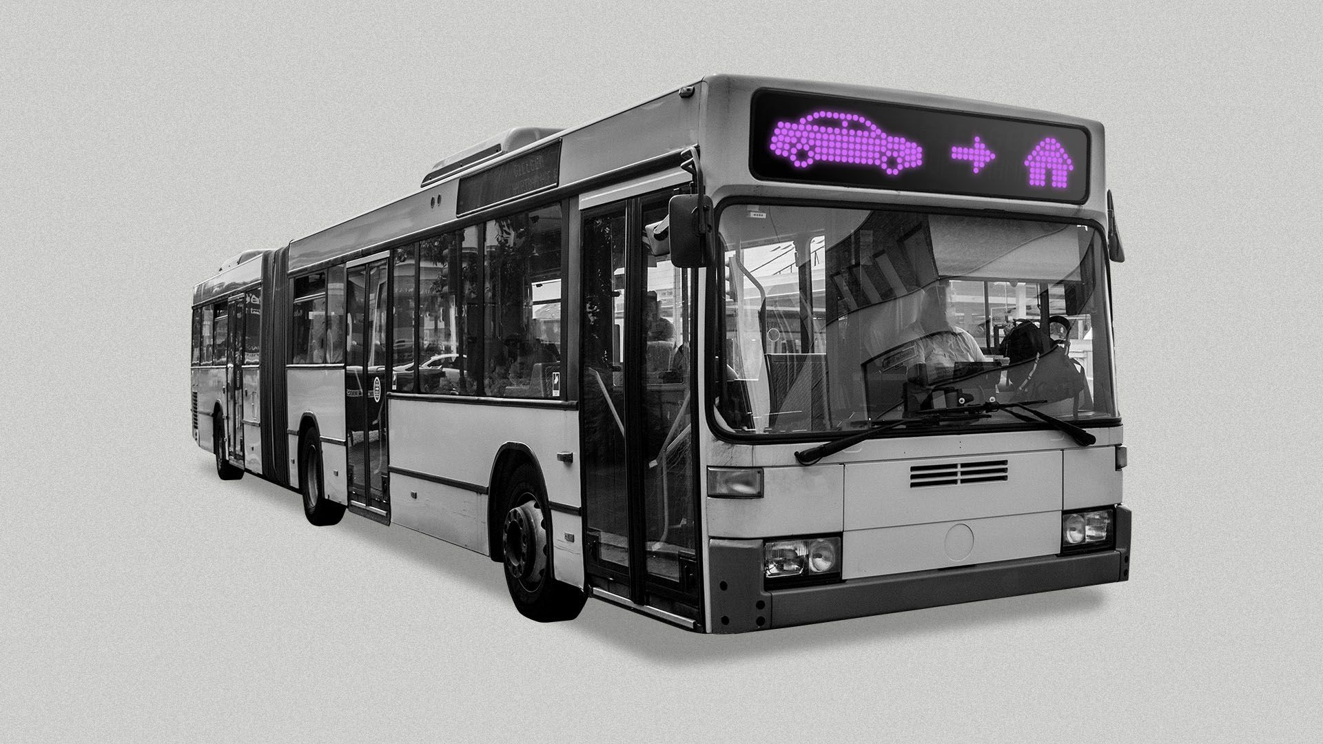 Illustration of a bus with a route marque that includes a car, an arrow, and a destination