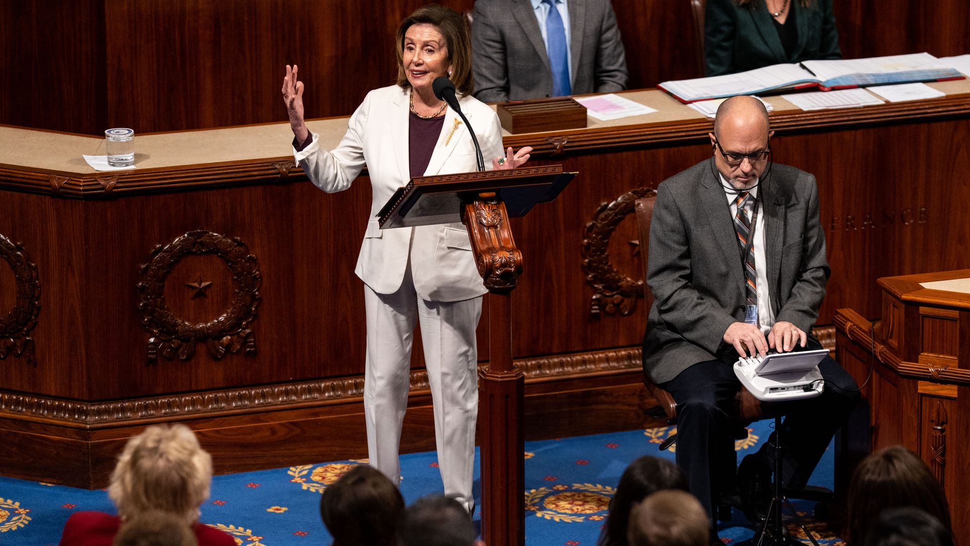 House Speaker Nancy Pelosi on the House floor, announcing that she will step down as speaker