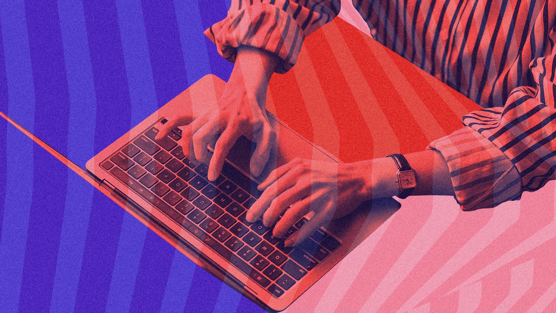 Illustrated collage of a person at a laptop over a background of various stripes and colors