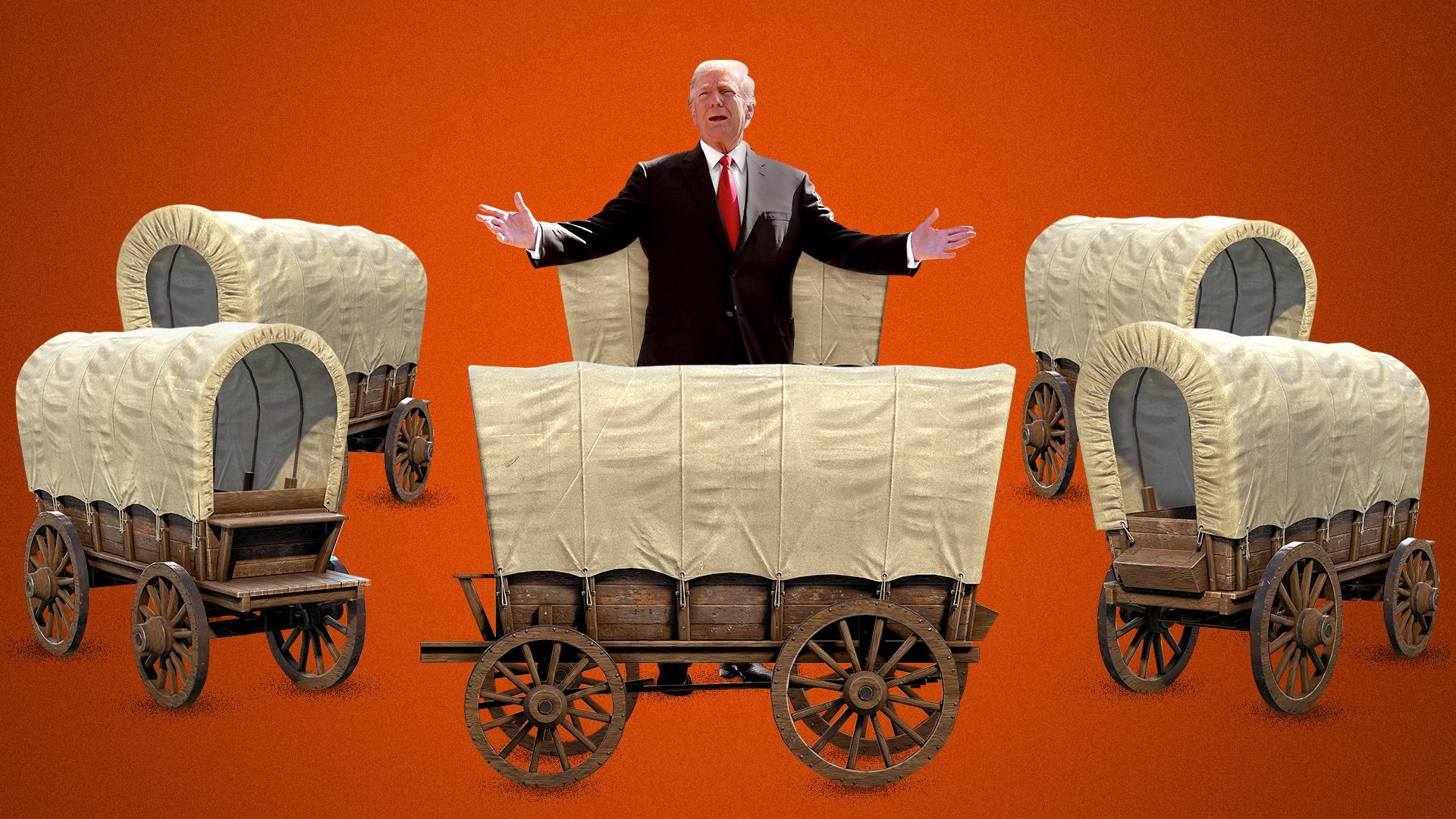 Photo illustration of Donald Trump surrounded by a circle of old fashioned covered wagons. 