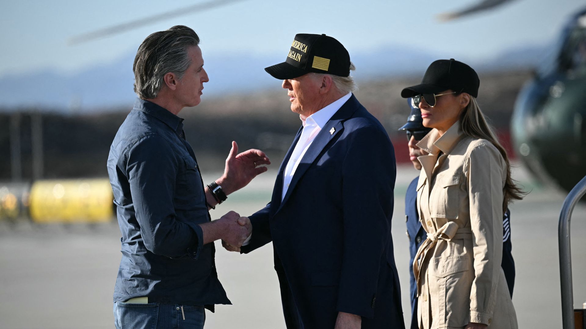Trump, Newsom and Melania greet each other