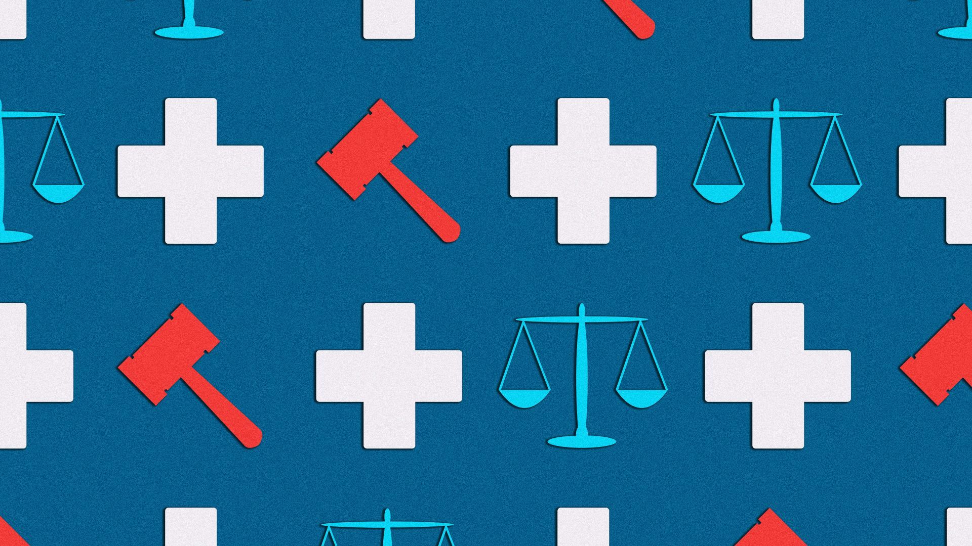 an illustration of a pattern of crosses gavels and legal scales 