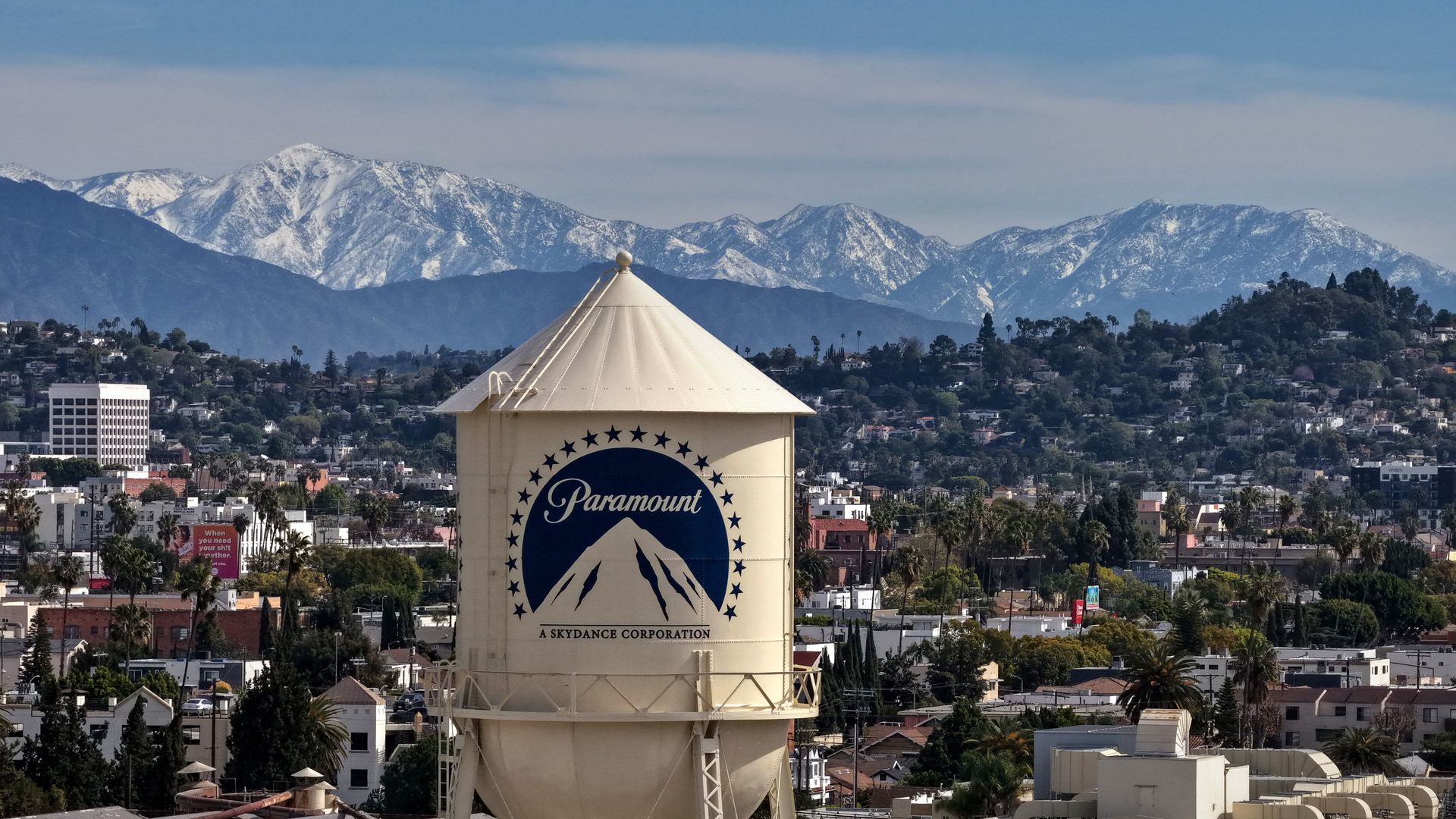 An aerial view of the Paramount logo on the water tower at Paramount Studios on February 23, 2026 in Los Angeles, California. 