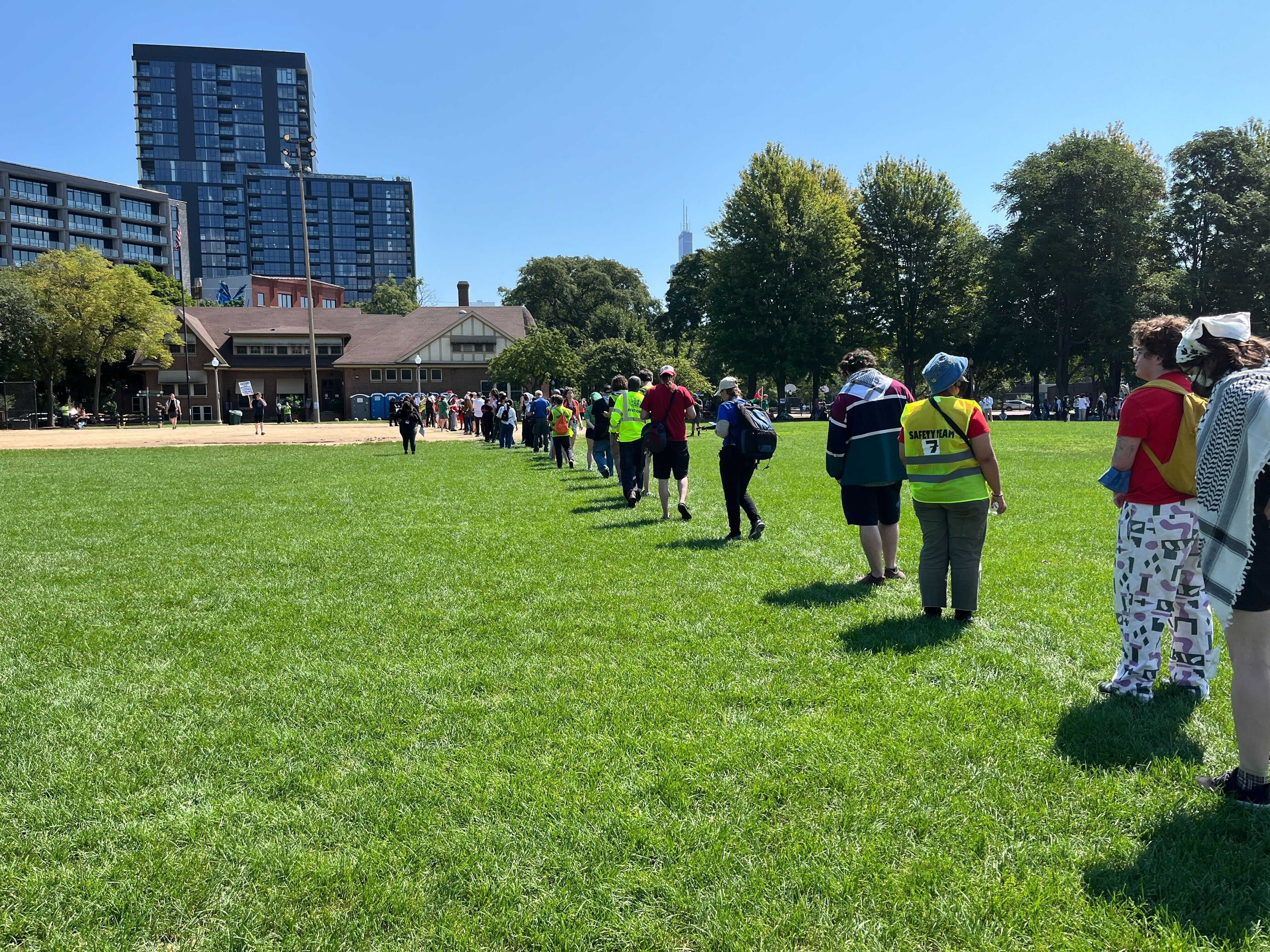 people stand in line for the bathroom at Union Park