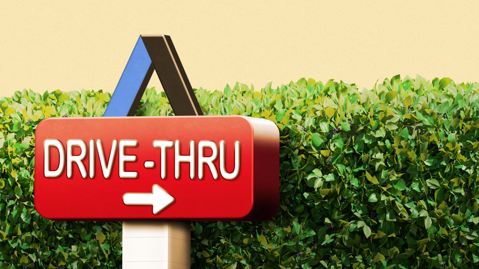 Illustration of a "DRIVE-THRU" sign with white text and arrow pointing right, mounted on a post in front of green leafy hedge under a beige sky and the Axios A above