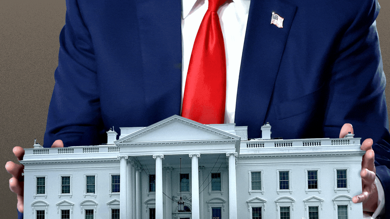 Animated illustration of Donald Trump holding a small White House with both hands and shaking it.