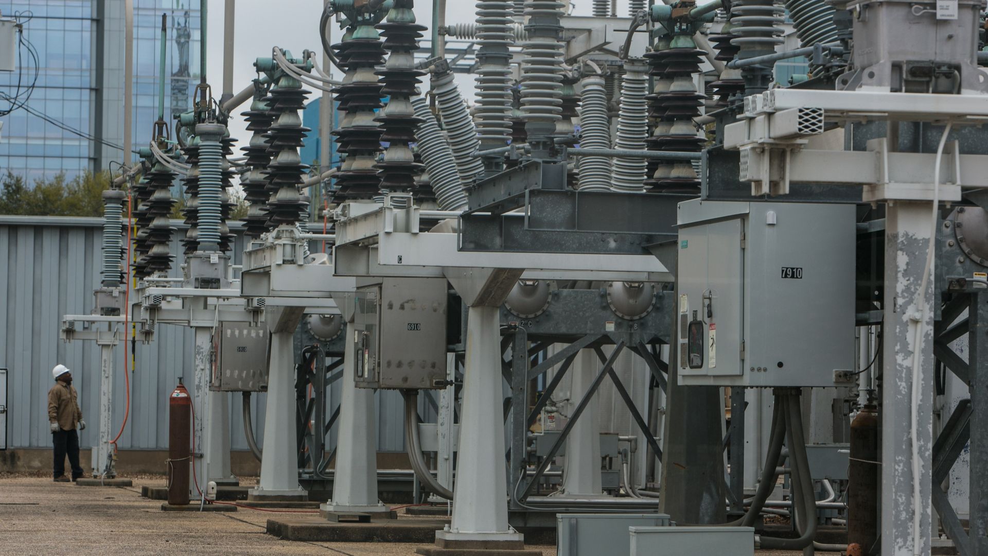 electric transformers next to an office building